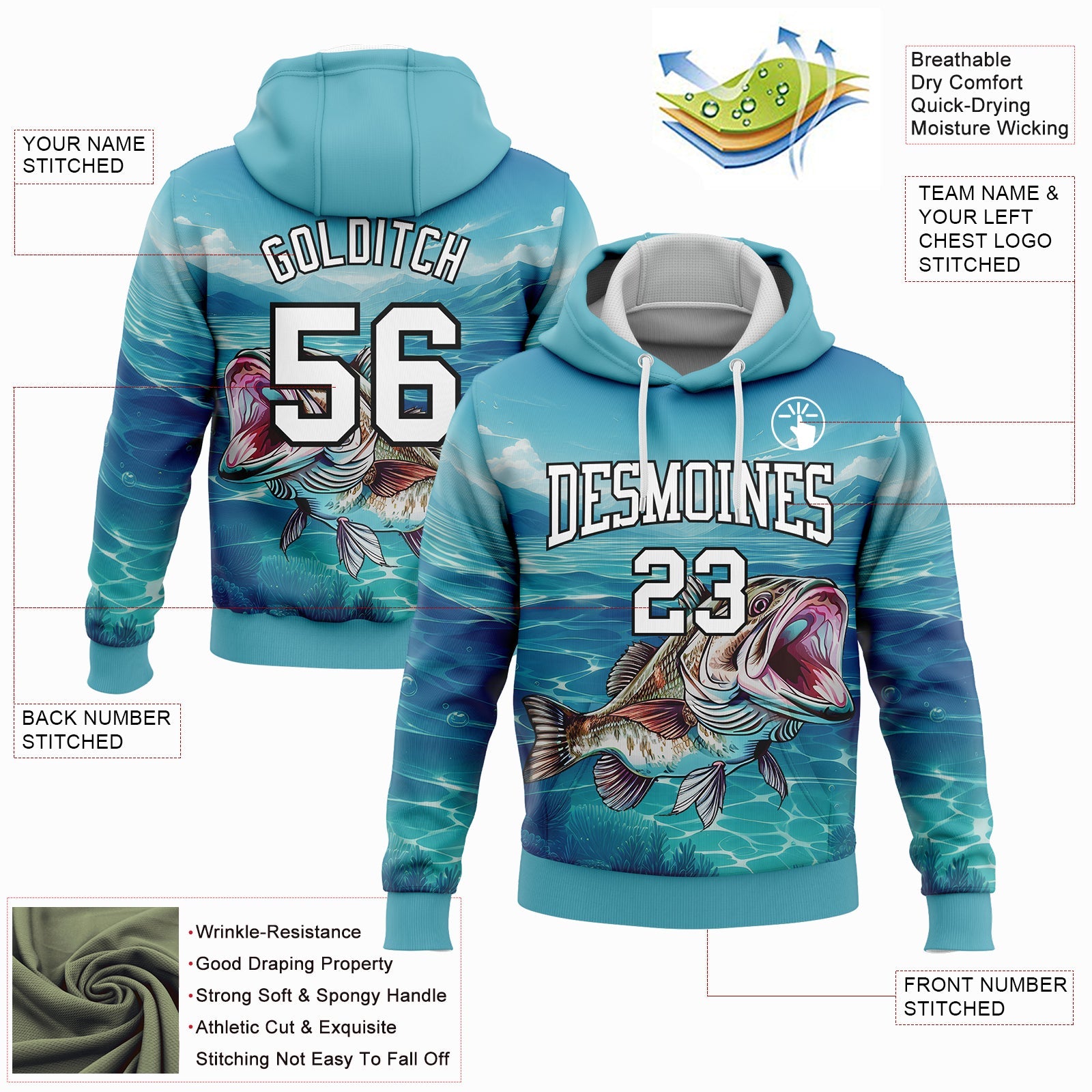 Custom Stitched Lakes Blue White-Black 3D Smallmouth Bass Fish Fishing Sports Pullover Sweatshirt Hoodie view 2