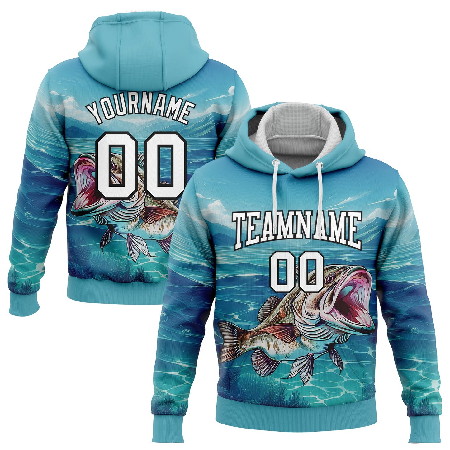 Custom Stitched Lakes Blue White-Black 3D Smallmouth Bass Fish Fishing Sports Pullover Sweatshirt Hoodie - Main View