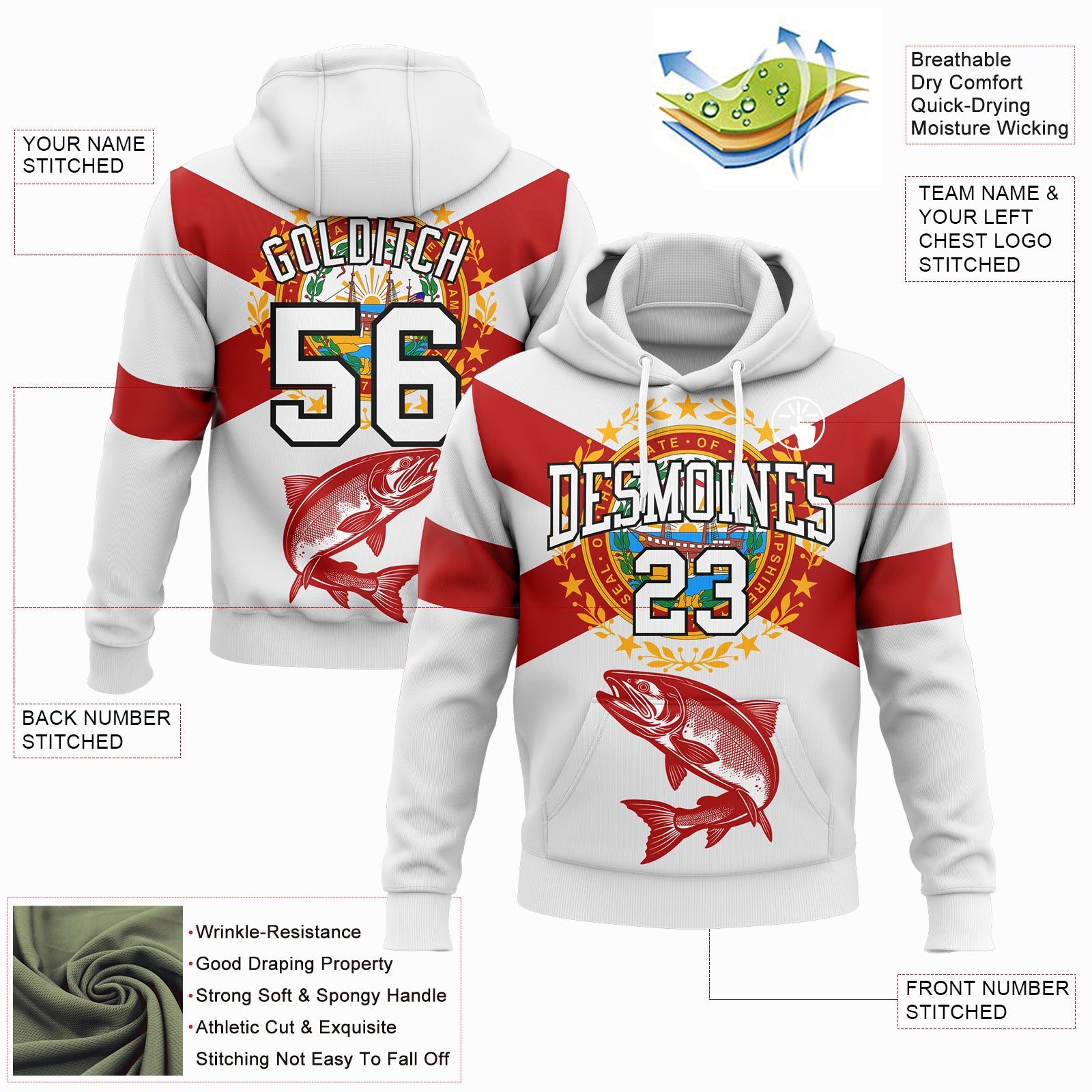 Custom Stitched White Red-Black 3D Atlantic Salmon Fish Fishing Sports Pullover Sweatshirt Hoodie view 2