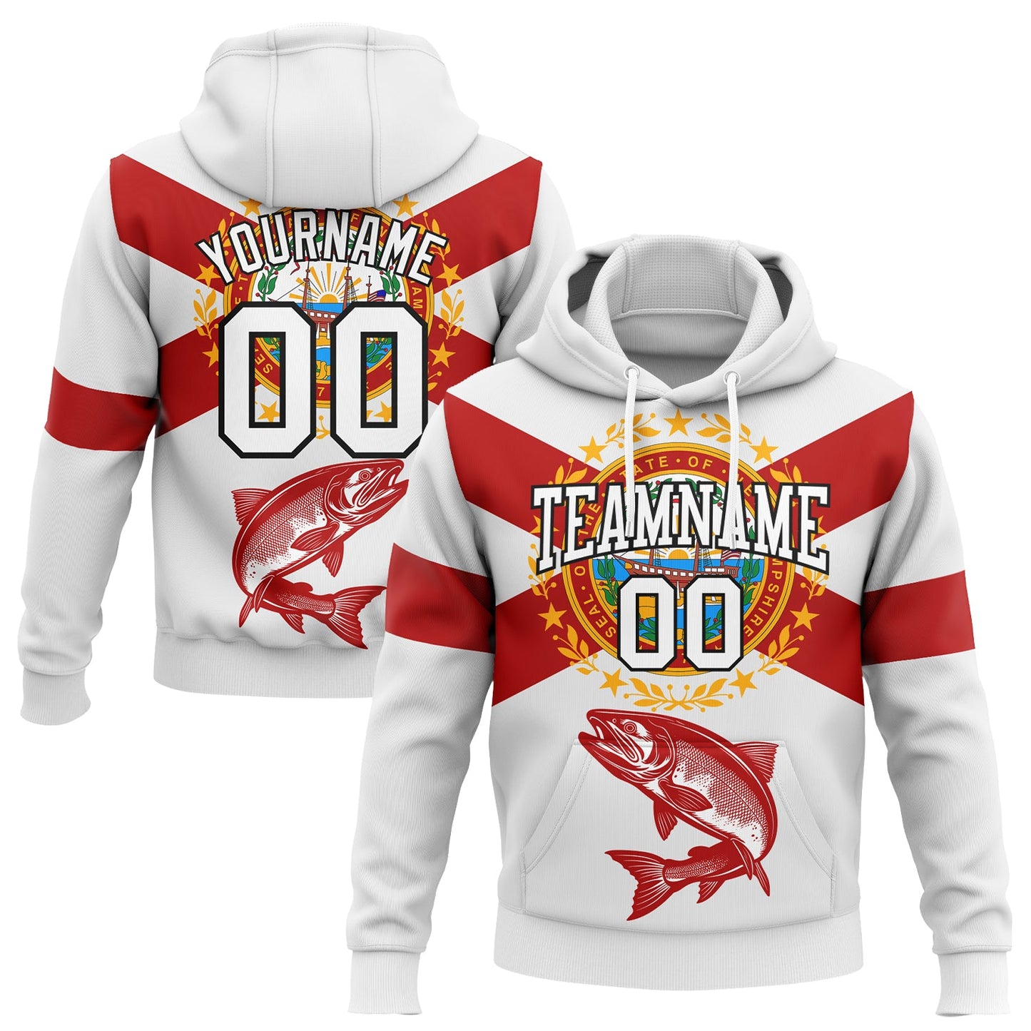 Custom Stitched White Red-Black 3D Atlantic Salmon Fish Fishing Sports Pullover Sweatshirt Hoodie - Main View