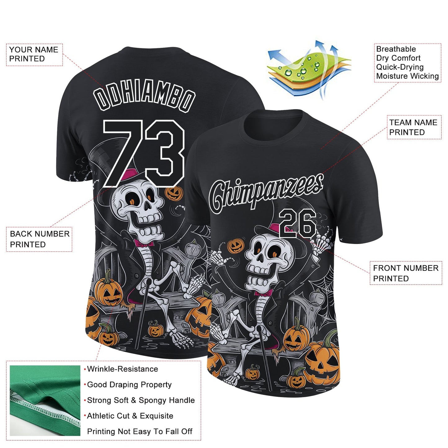 Custom Black White 3D Halloween Performance T-Shirt view 2