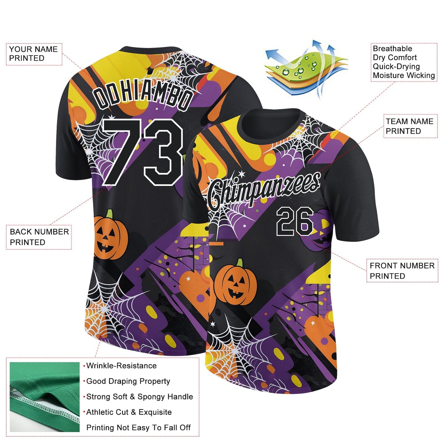 Custom Black Bay Orange-White 3D Halloween Performance T-Shirt view 2