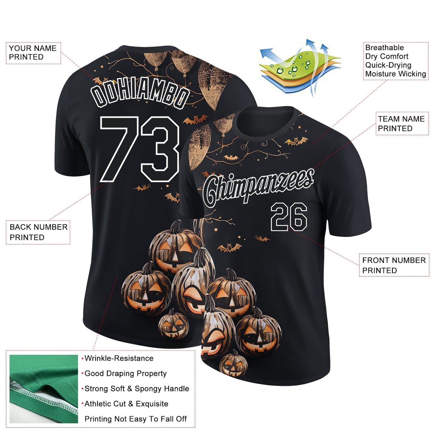 Custom Black White 3D Halloween Performance T-Shirt view 2