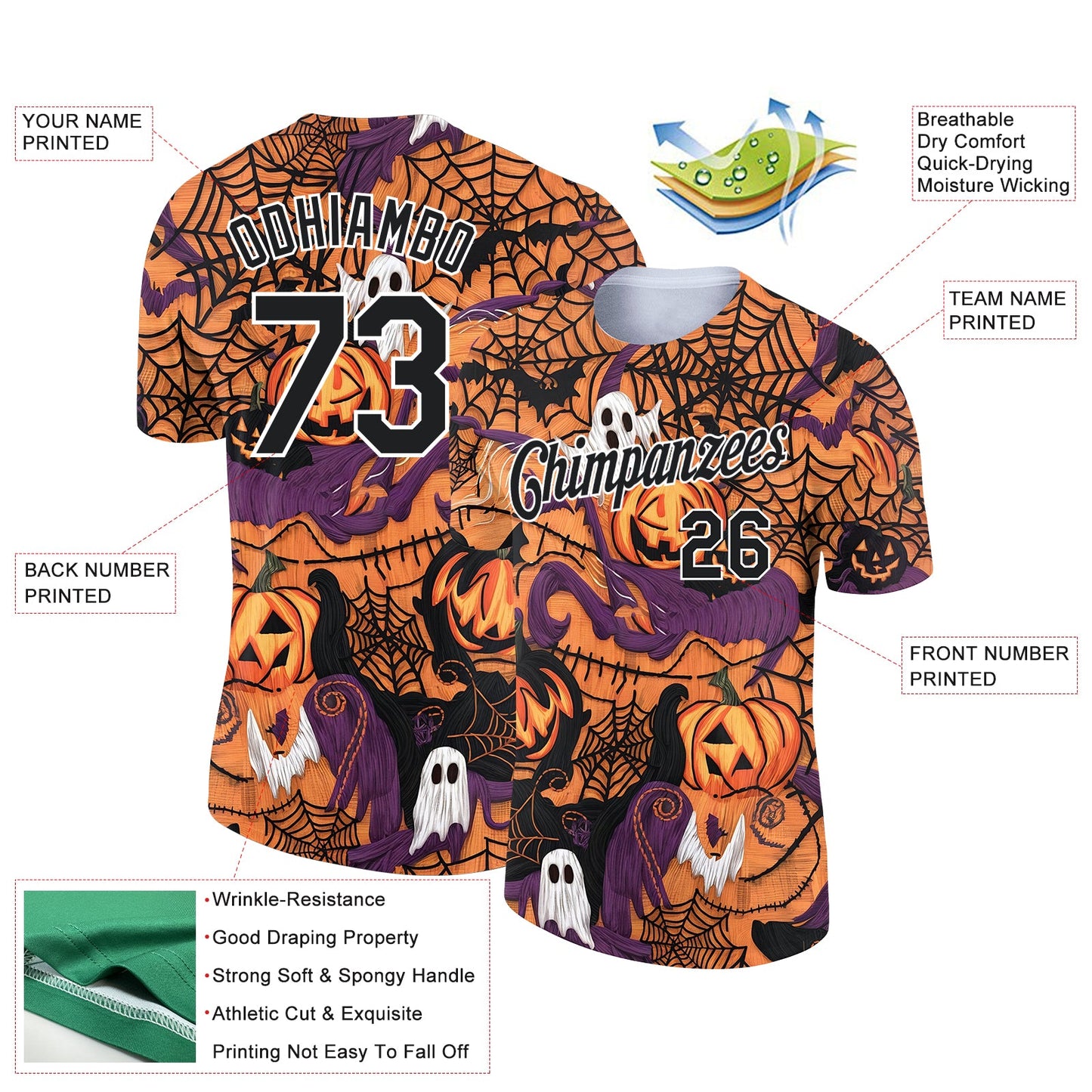 Custom Texas Orange Black-White 3D Halloween Performance T-Shirt view 2