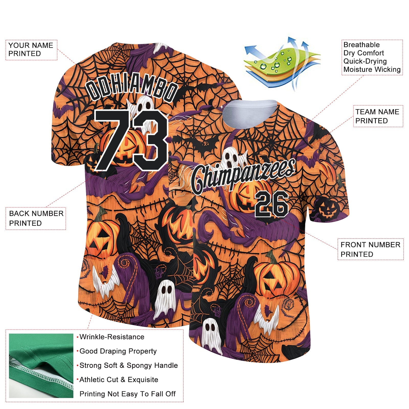 Custom Texas Orange Black-White 3D Halloween Performance T-Shirt view 2