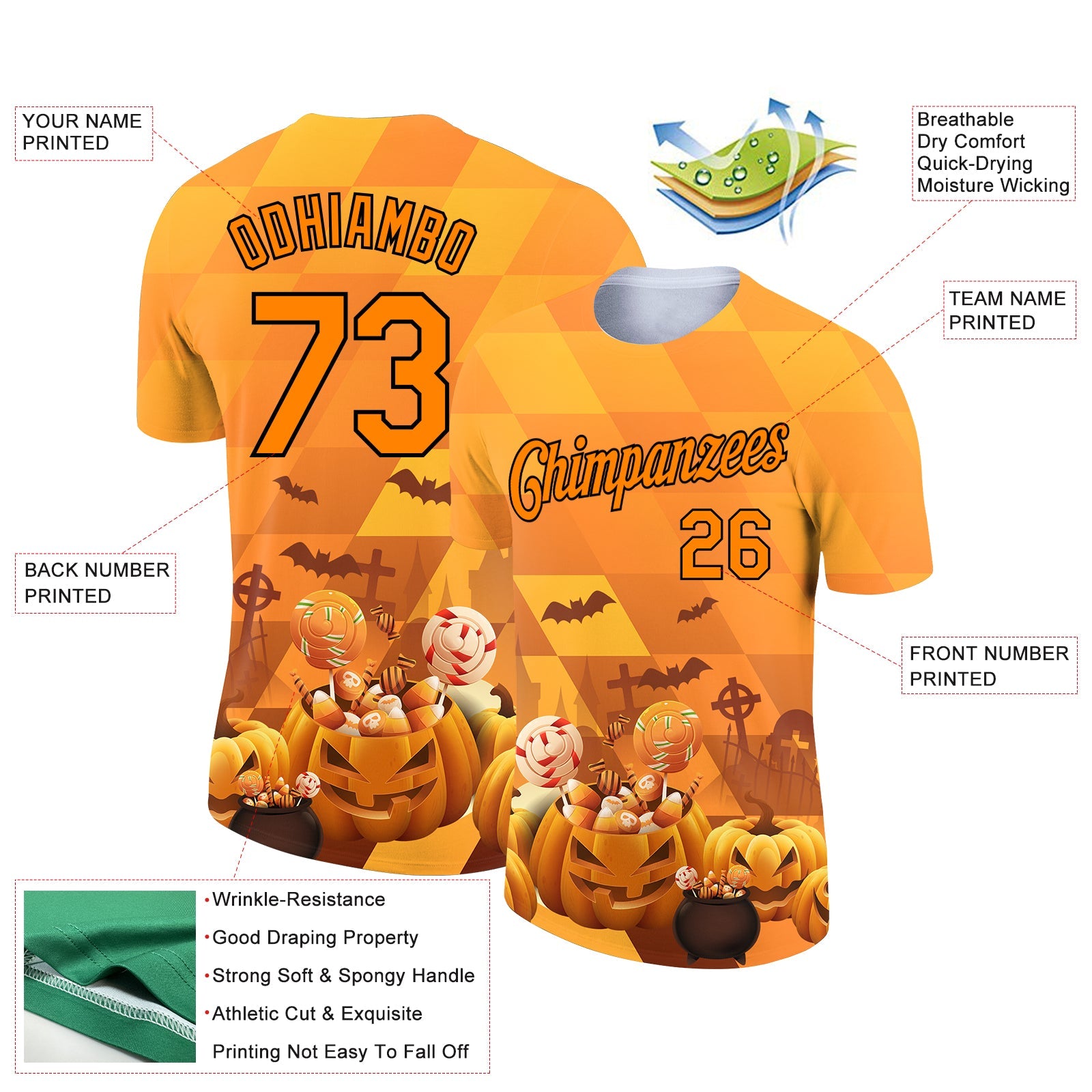 Custom Bay Orange Black 3D Halloween Performance T-Shirt view 2