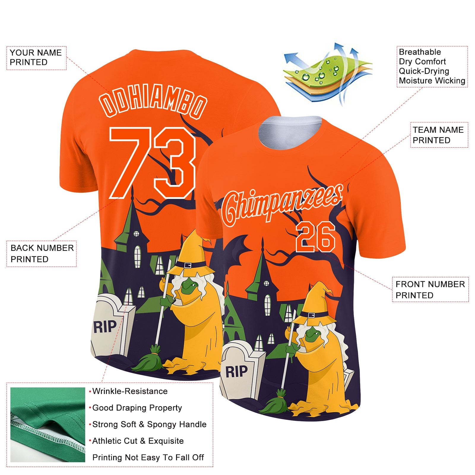 Custom Orange White 3D Halloween Performance T-Shirt view 2