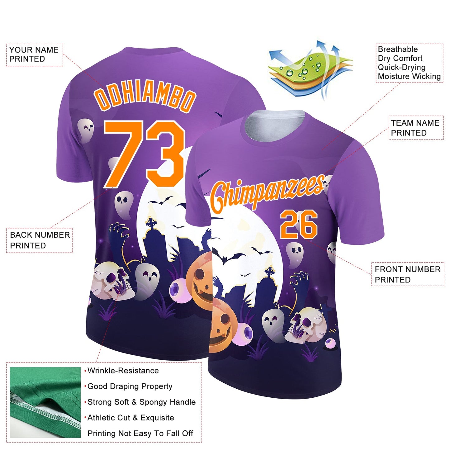 Custom Purple Bay Orange-White 3D Halloween Performance T-Shirt view 2