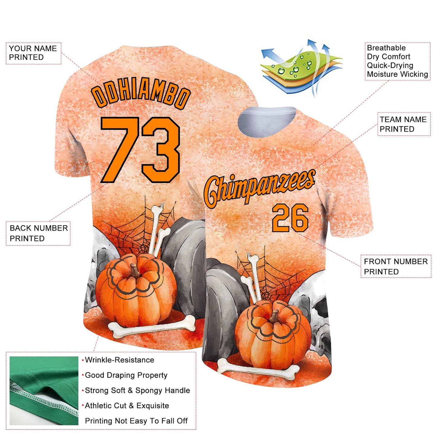 Custom Bay Orange Black 3D Halloween Performance T-Shirt view 2