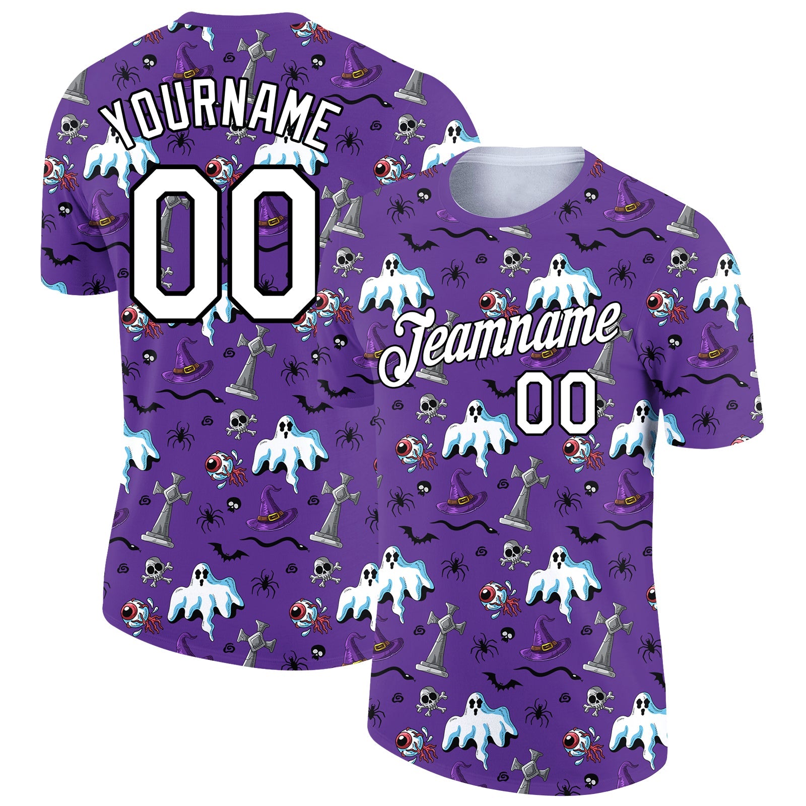 Custom Purple White-Black 3D Halloween Performance T-Shirt - Main View
