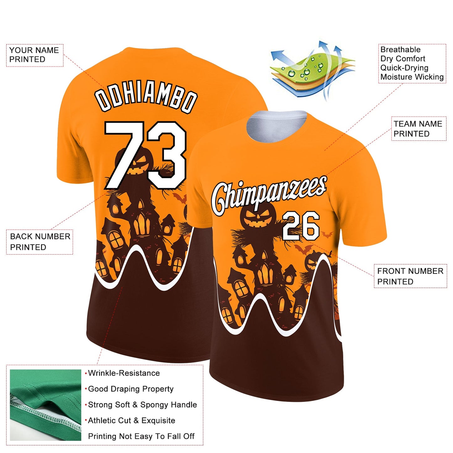 Custom Bay Orange Black-Brown 3D Halloween Performance T-Shirt view 2