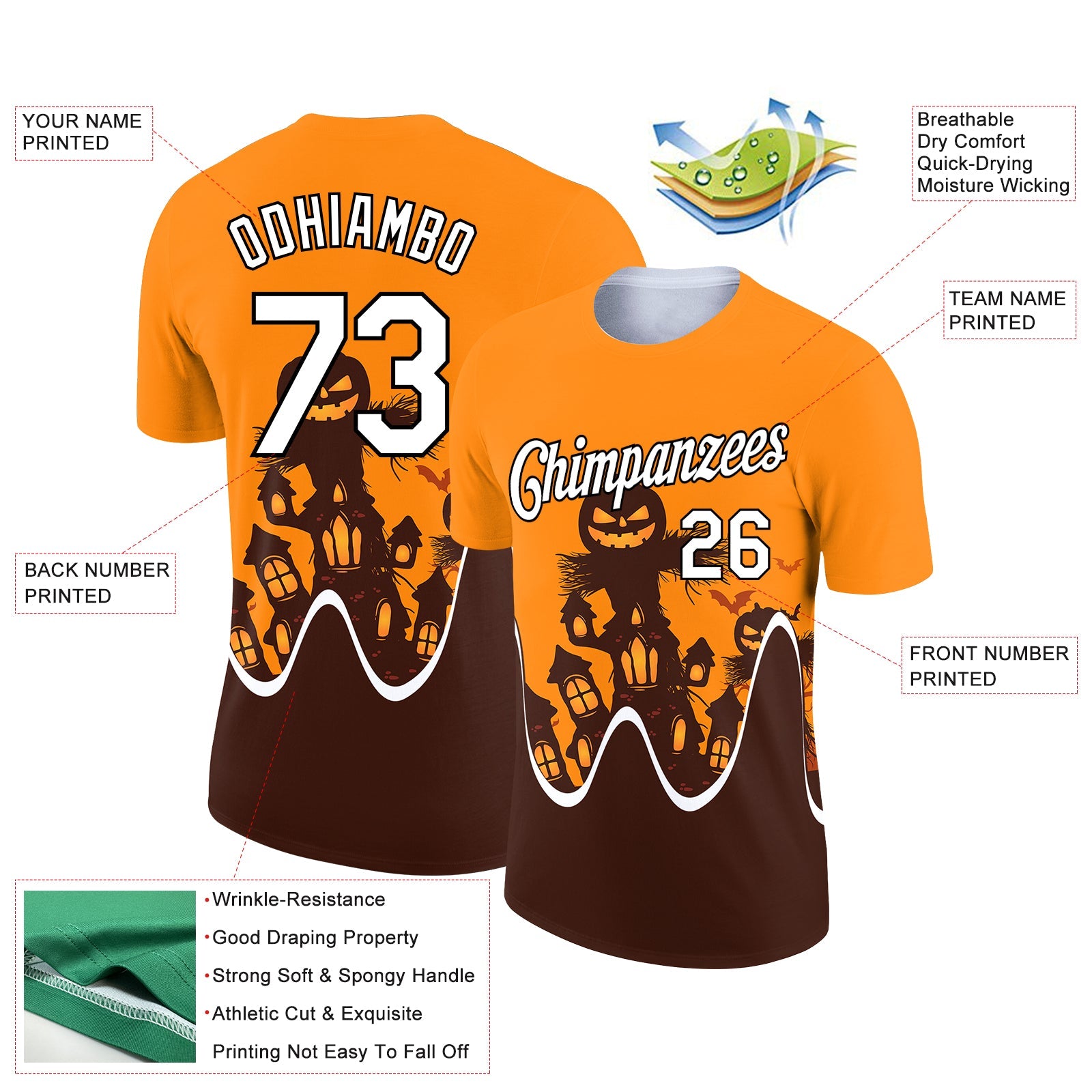 Custom Bay Orange Black-Brown 3D Halloween Performance T-Shirt view 2