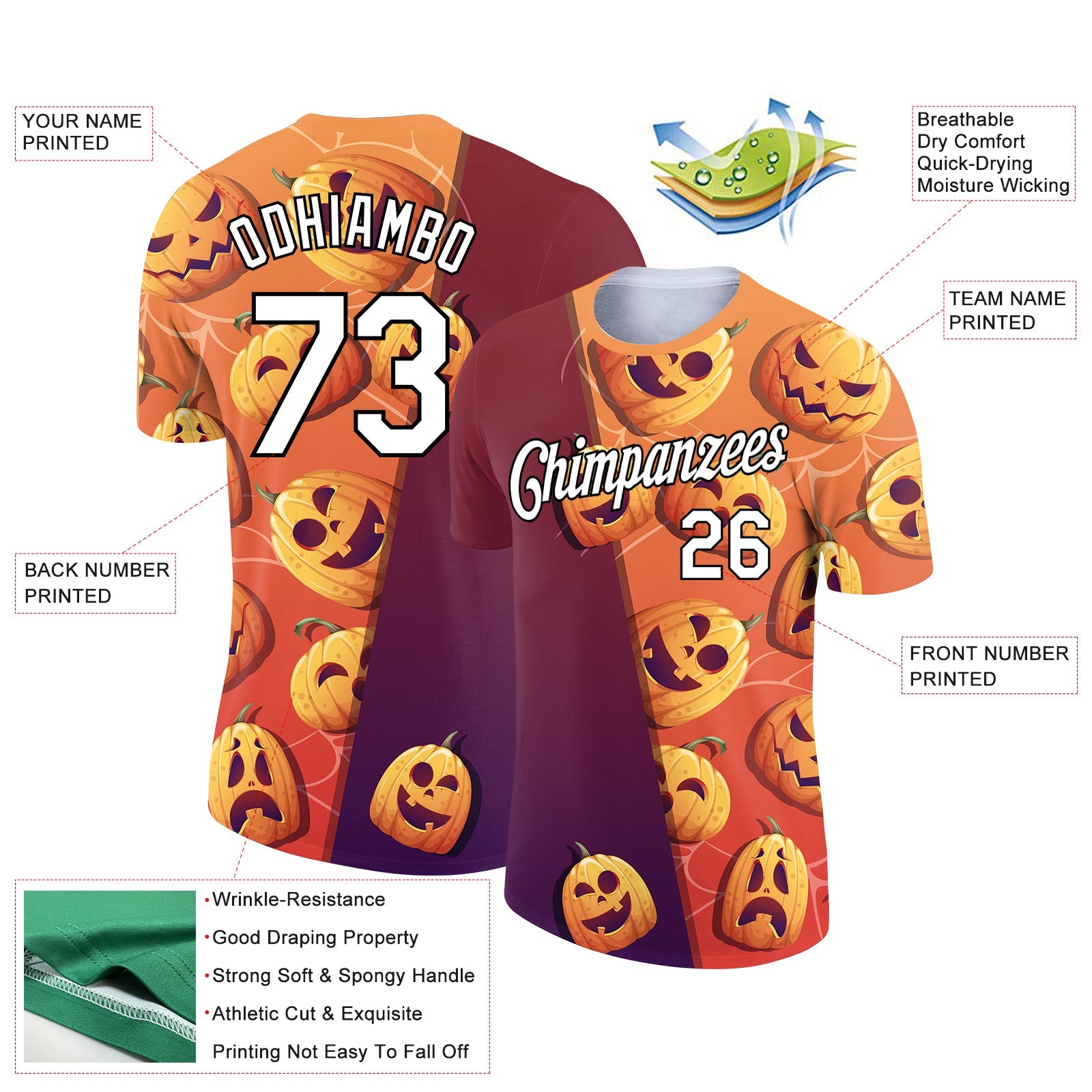 Custom Bay Orange Crimson-Black 3D Halloween Performance T-Shirt view 2