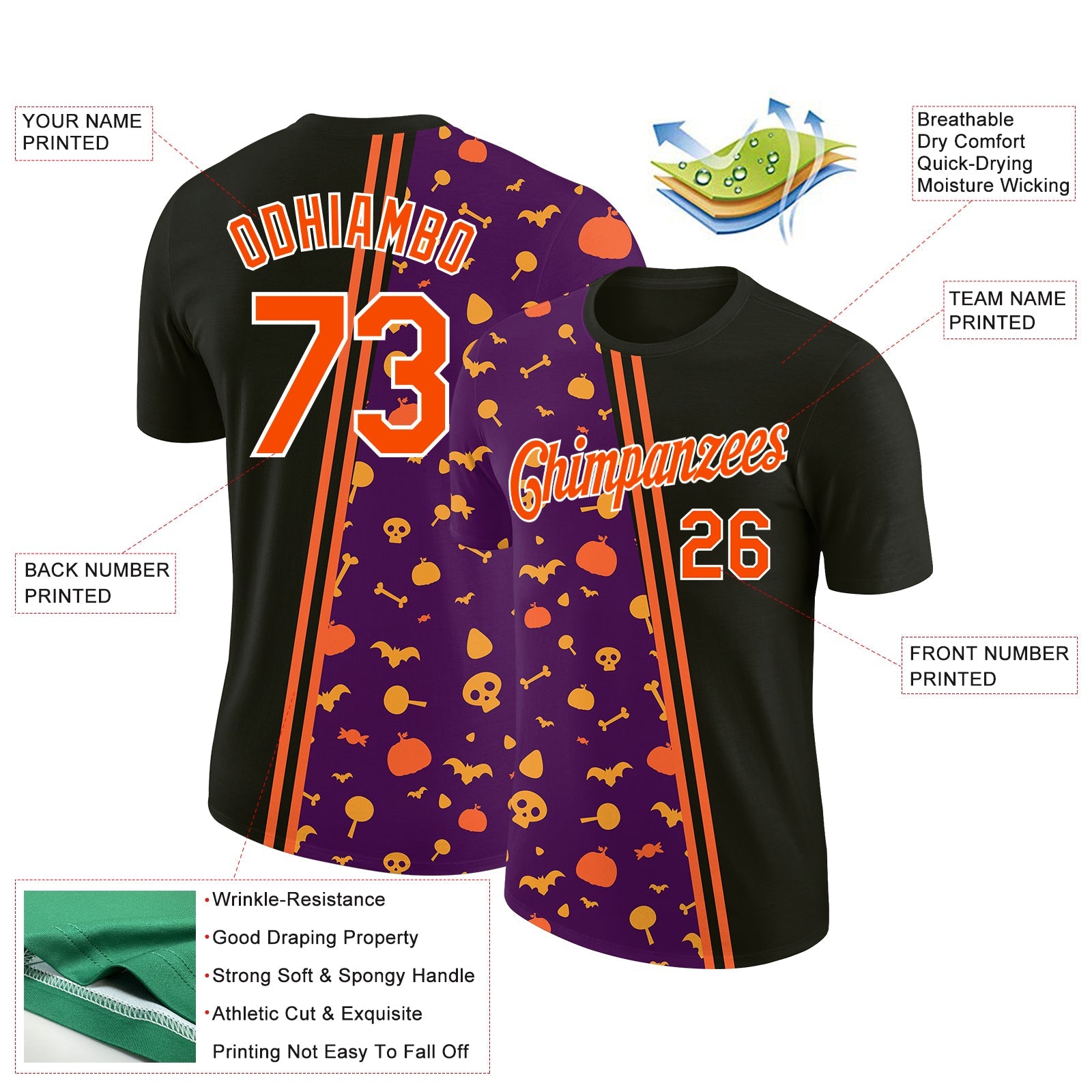 Custom Black Orange-Purple 3D Halloween Performance T-Shirt view 2