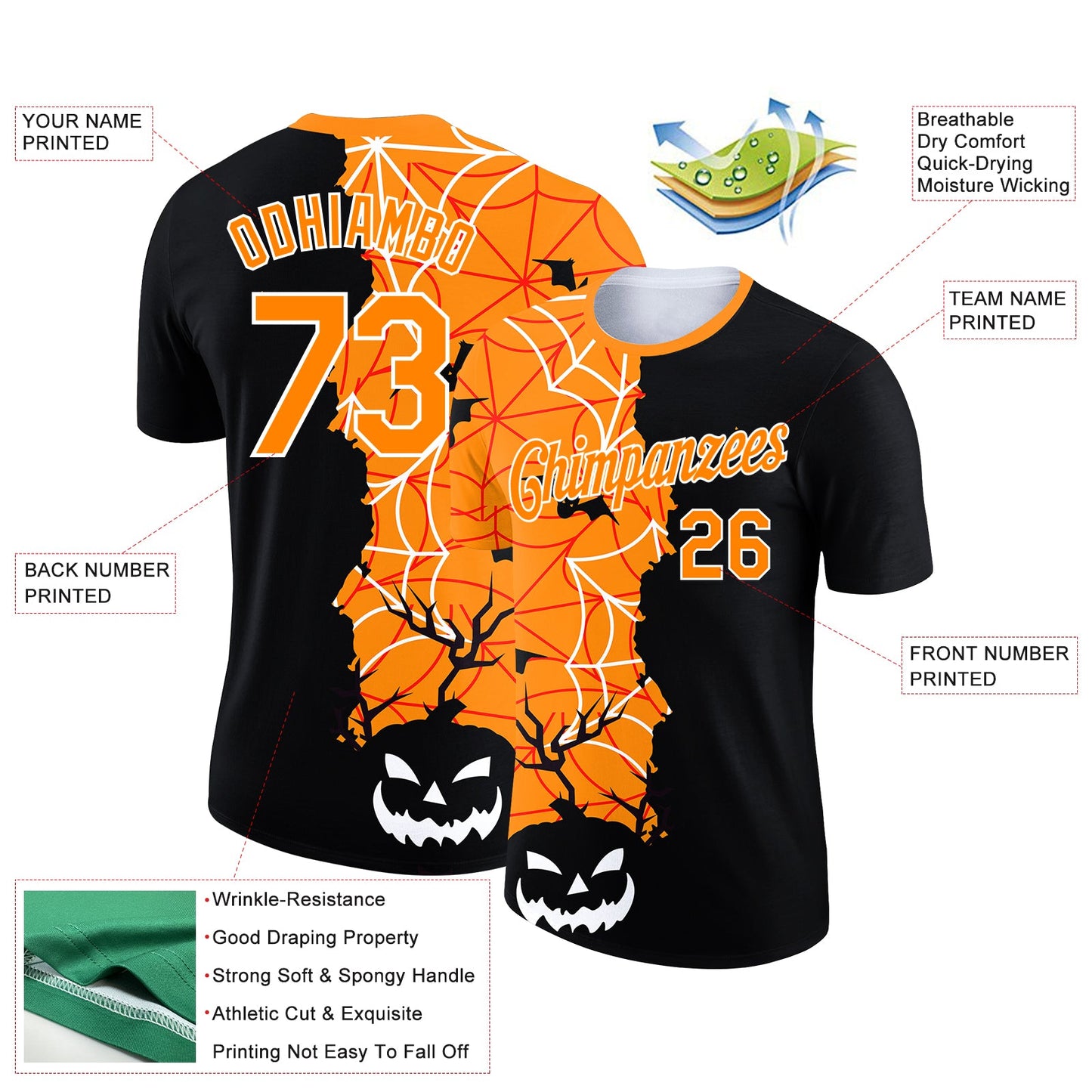 Custom Black Bay Orange-White 3D Halloween Performance T-Shirt view 2