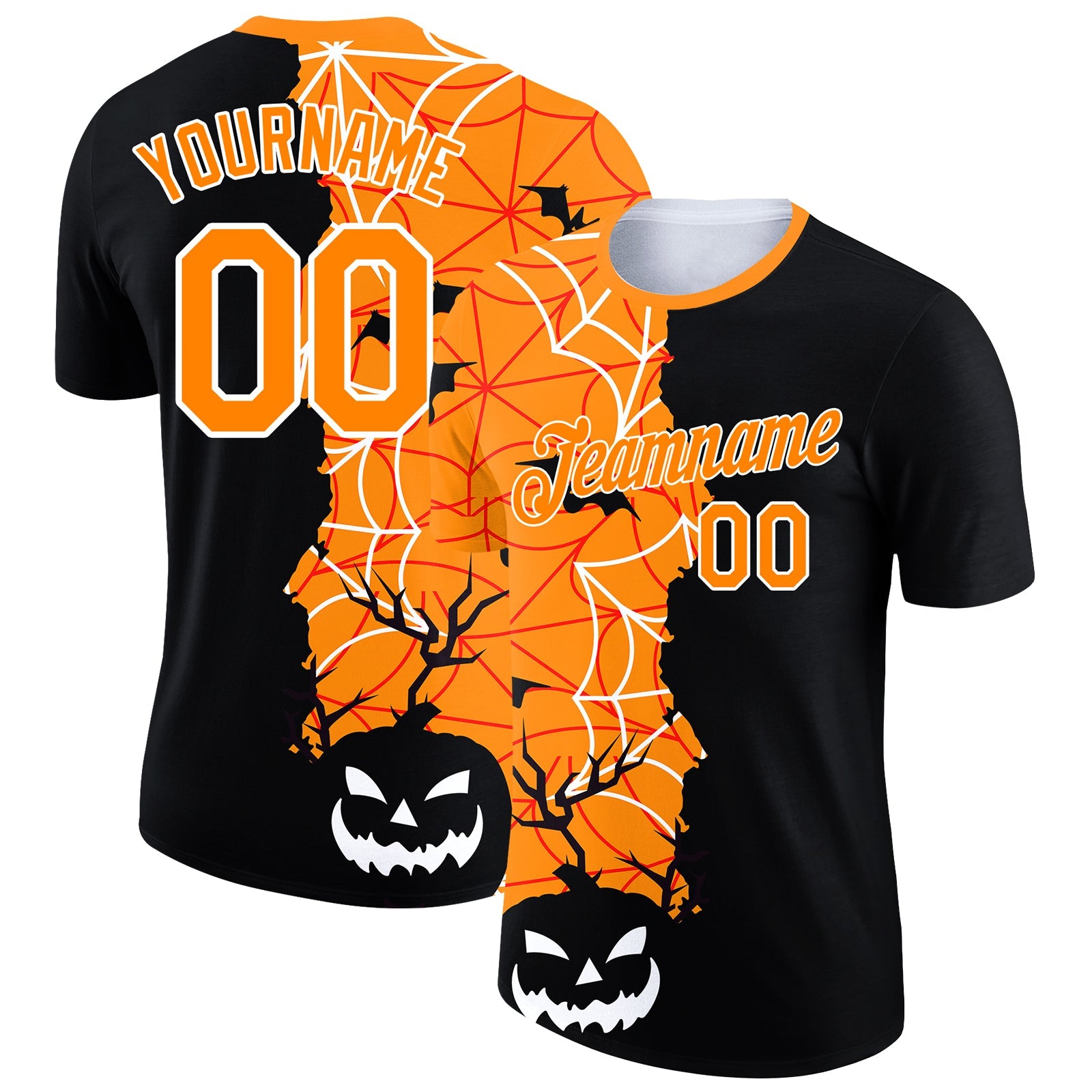Custom Black Bay Orange-White 3D Halloween Performance T-Shirt - Main View
