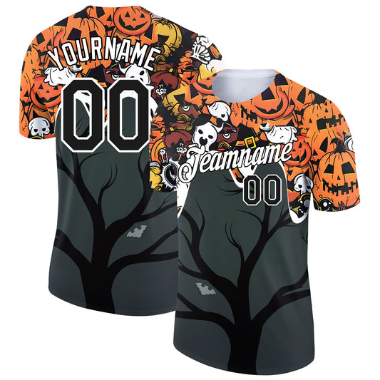 Custom Steel Gray Black-Orange 3D Halloween Performance T-Shirt - Main View