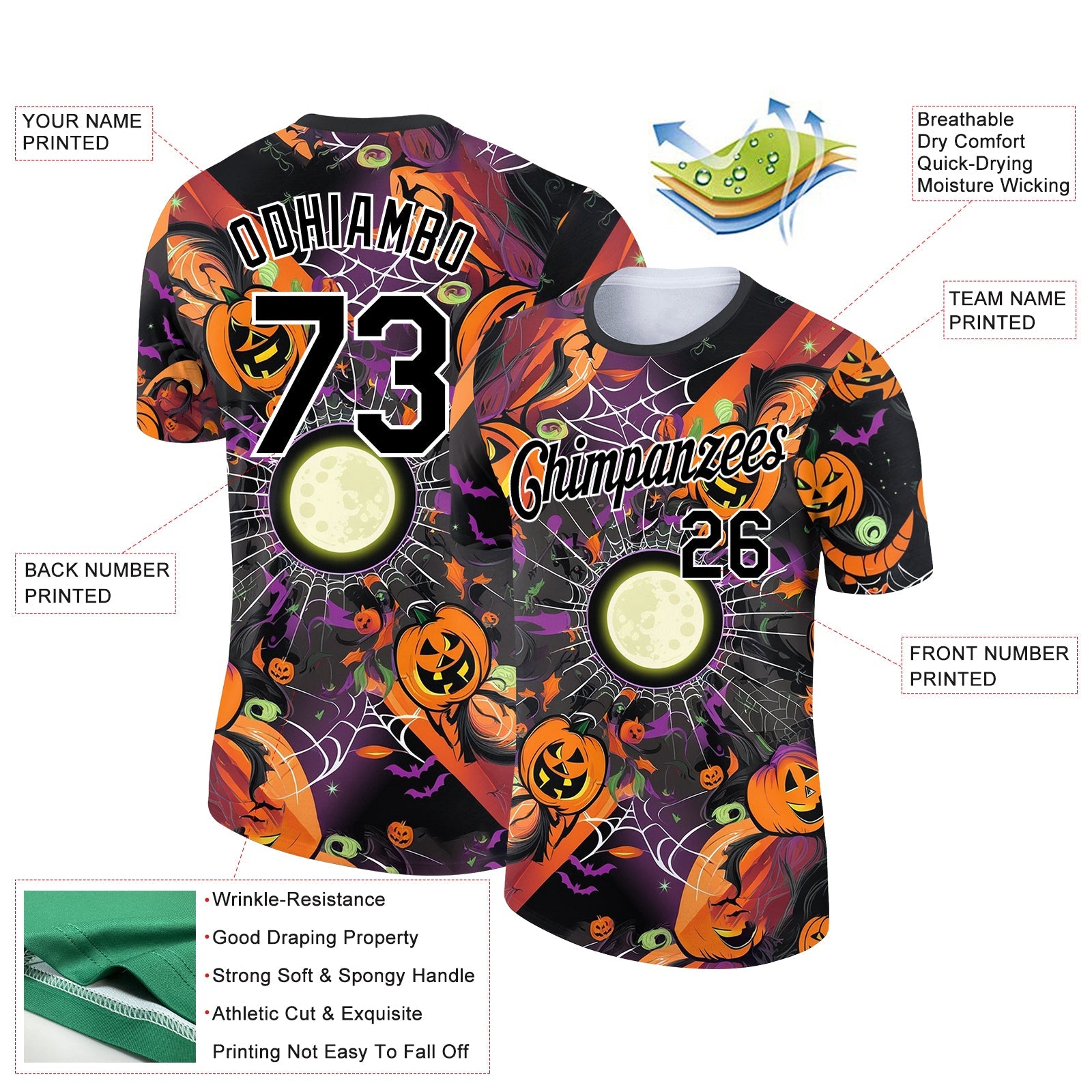 Custom Black Bay Orange-White 3D Halloween Performance T-Shirt view 2