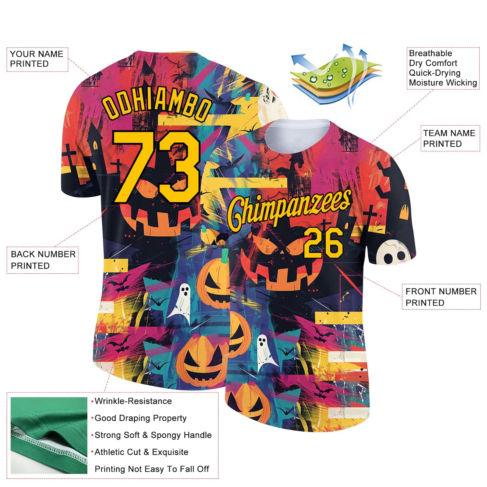 Custom Pink Gold-Black 3D Halloween Performance T-Shirt view 2