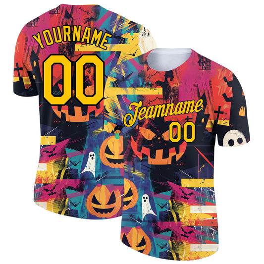 Custom Pink Gold-Black 3D Halloween Performance T-Shirt - Main View