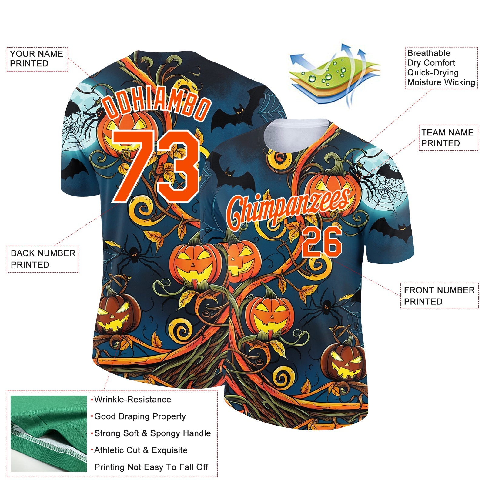 Custom Teal Orange-White 3D Halloween Performance T-Shirt view 2