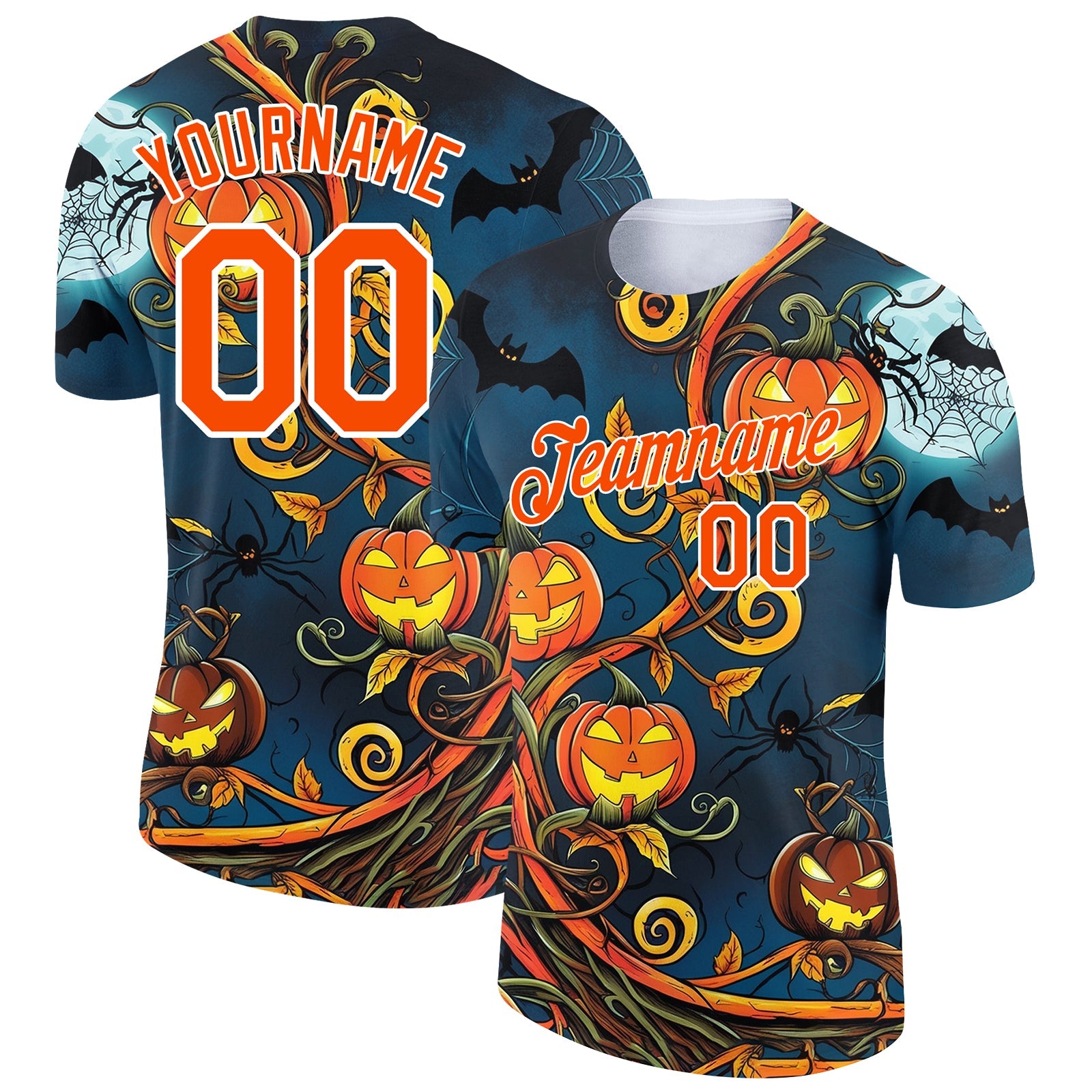 Custom Teal Orange-White 3D Halloween Performance T-Shirt - Main View