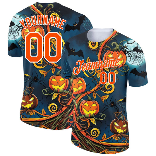 Custom Teal Orange-White 3D Halloween Performance T-Shirt - Main View