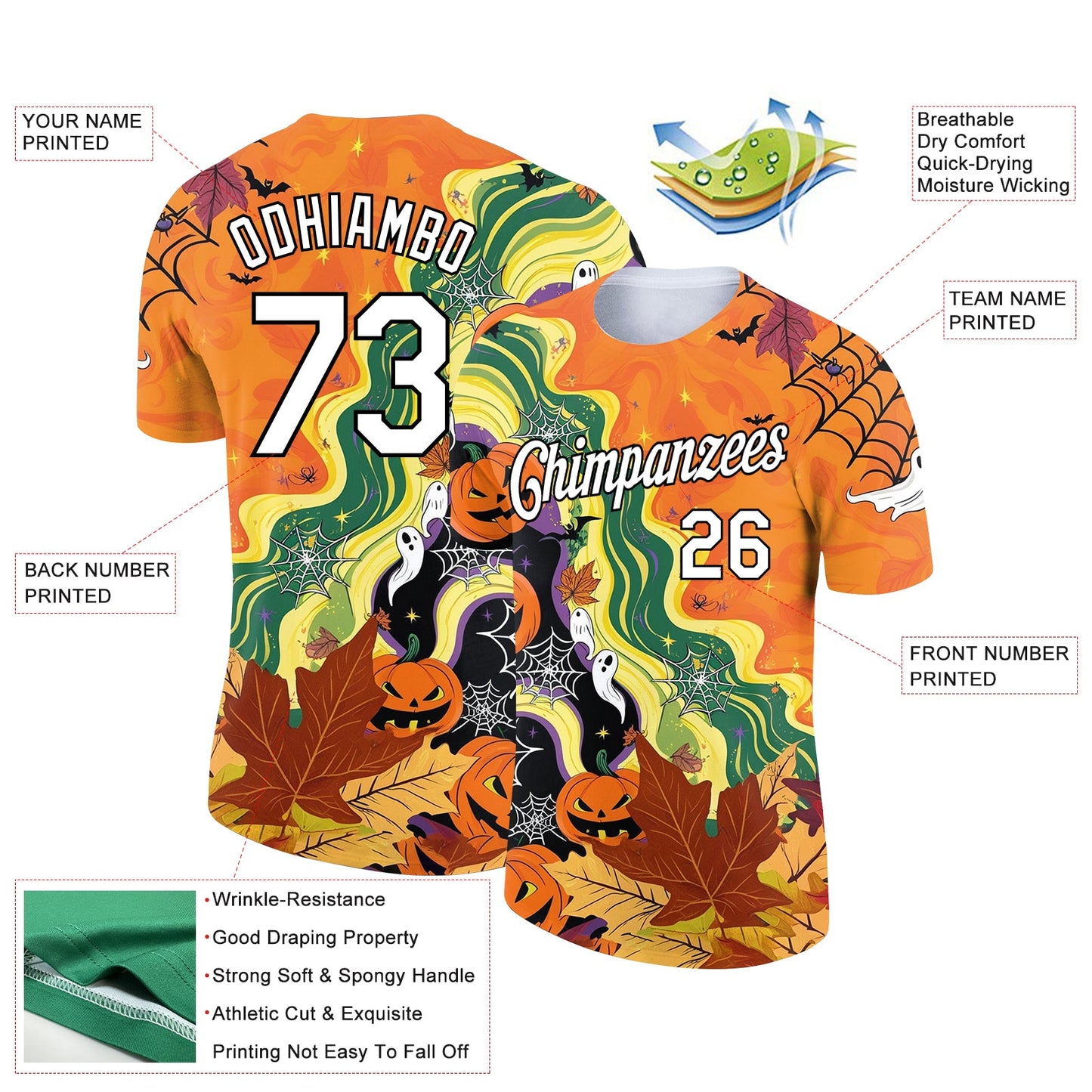 Custom Bay Orange White-Black 3D Halloween Performance T-Shirt view 2