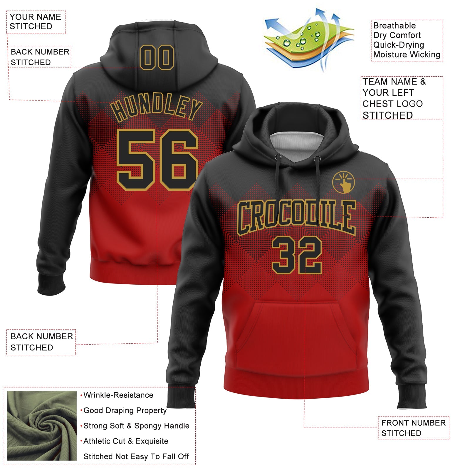 Custom Stitched Black Red-Old Gold 3D Pattern Design Gradient Square Shape Sports Pullover Sweatshirt Hoodie view 2