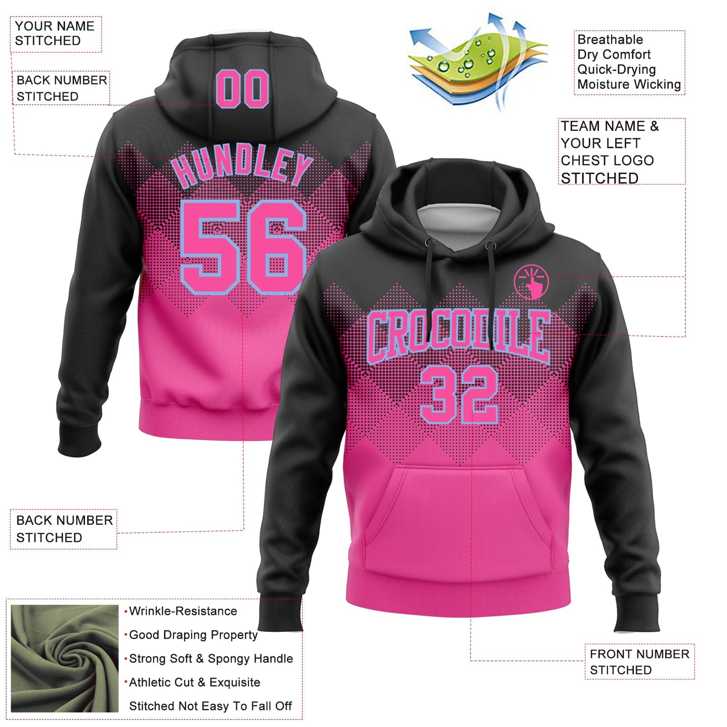 Custom Stitched Black Pink-Light Blue 3D Pattern Design Gradient Square Shape Sports Pullover Sweatshirt Hoodie view 2