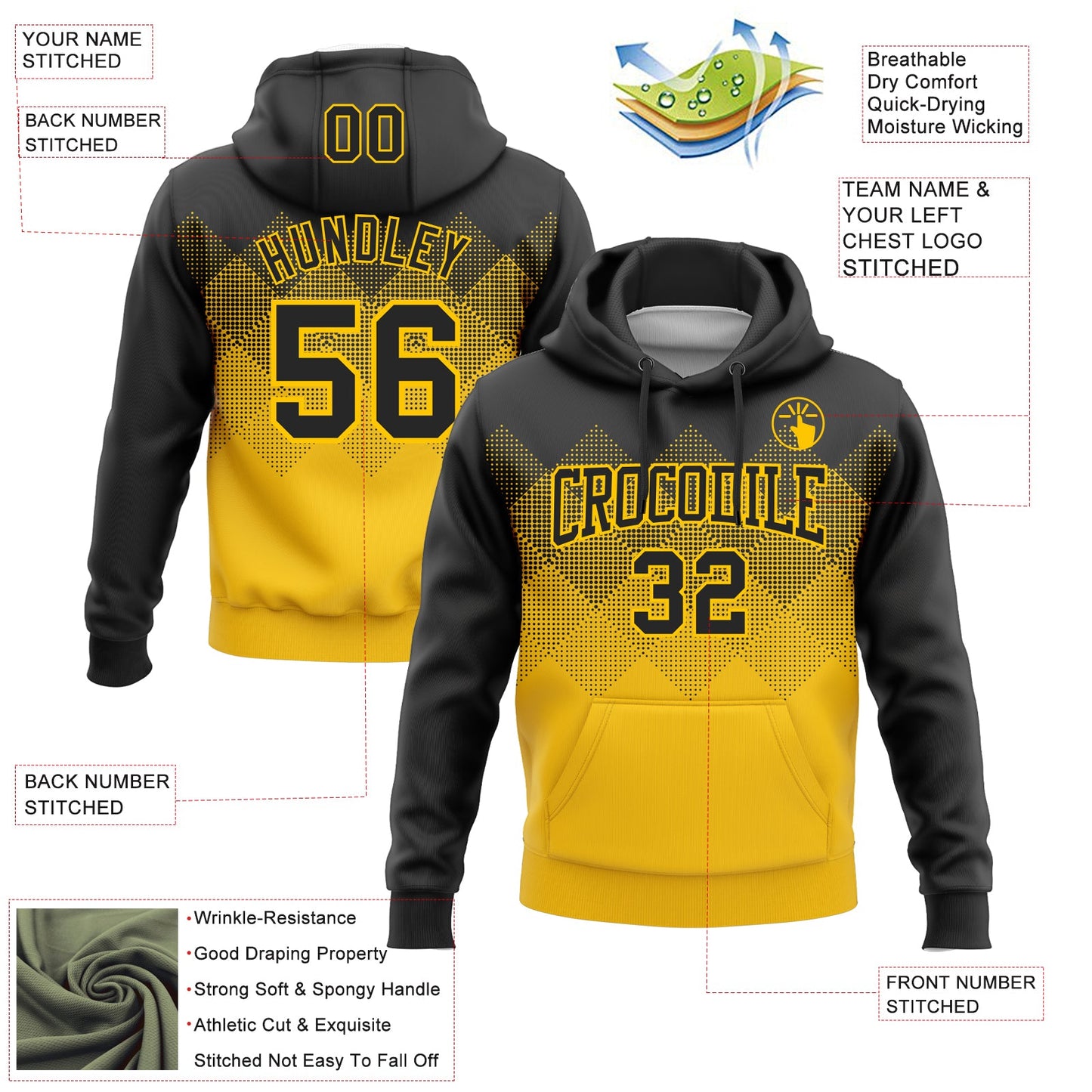 Custom Stitched Black Yellow 3D Pattern Design Gradient Square Shape Sports Pullover Sweatshirt Hoodie view 2