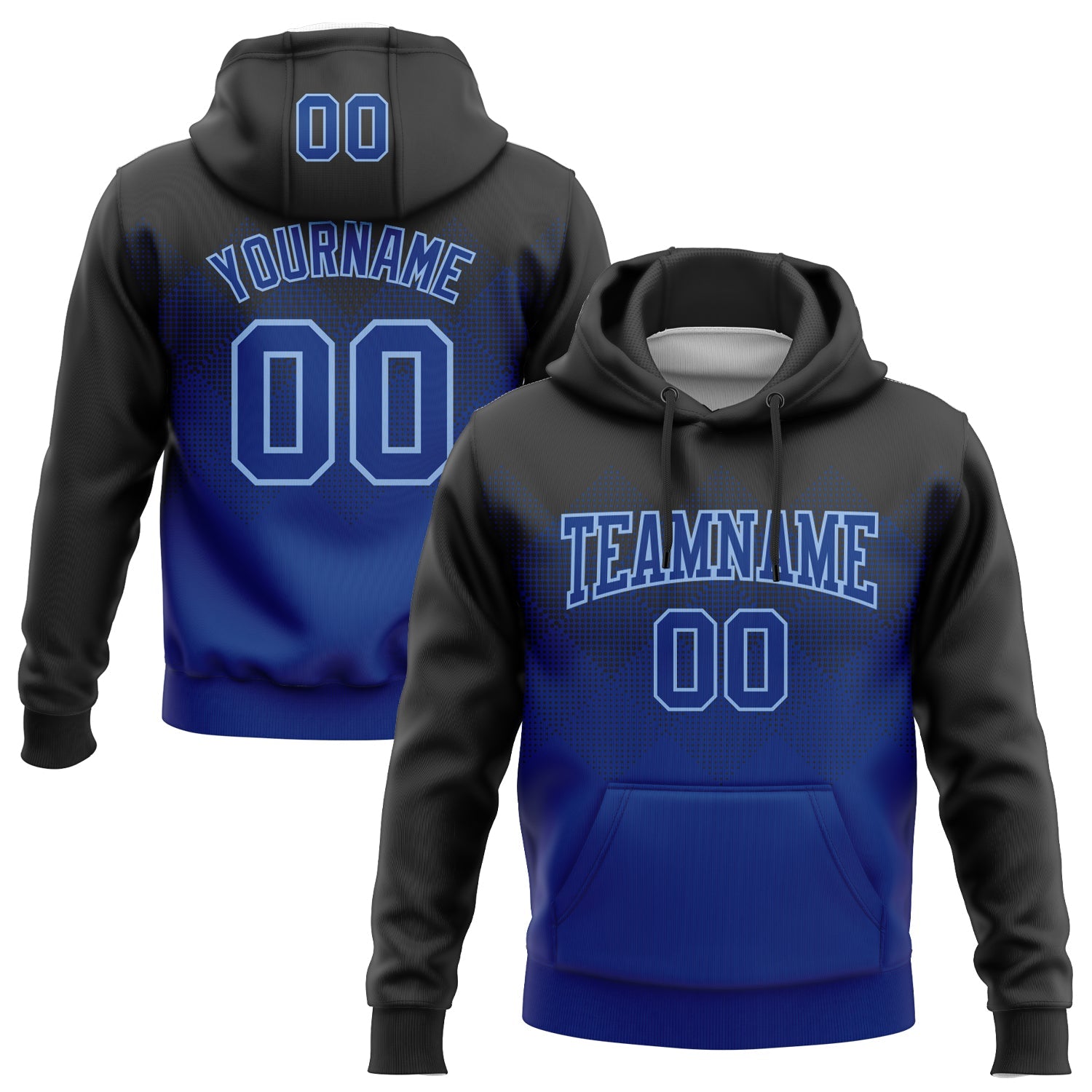 Custom Stitched Black Royal-Light Blue 3D Pattern Design Gradient Square Shape Sports Pullover Sweatshirt Hoodie - Main View