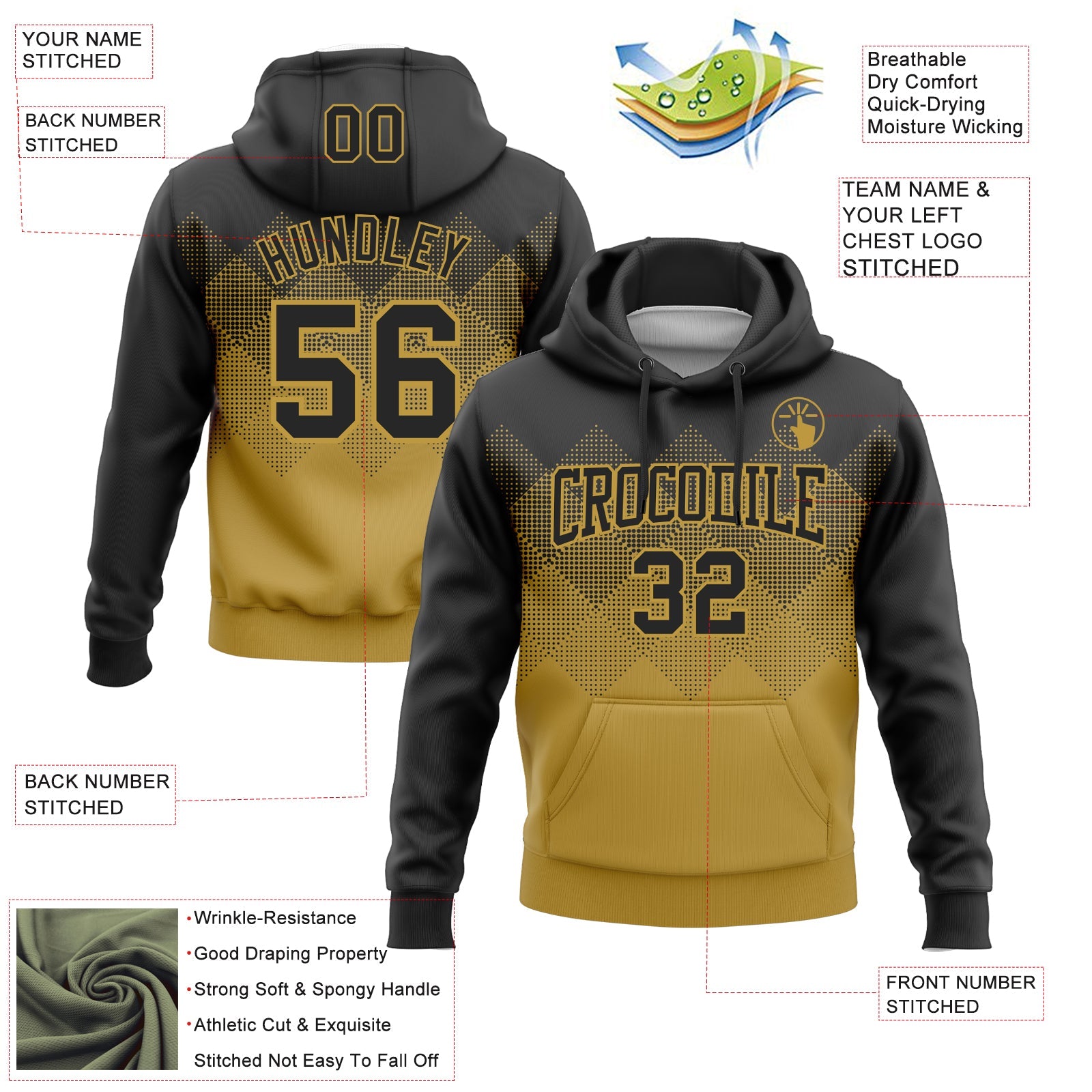 Custom Stitched Black Old Gold 3D Pattern Design Gradient Square Shape Sports Pullover Sweatshirt Hoodie view 2