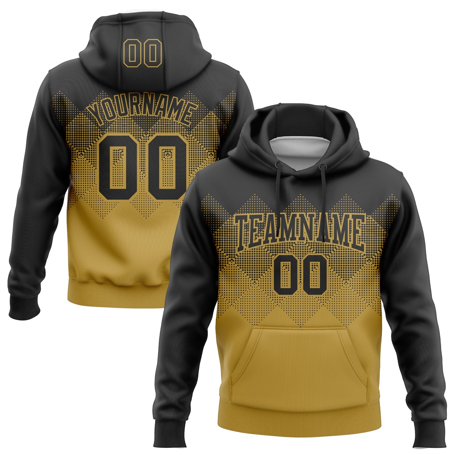 Custom Stitched Black Old Gold 3D Pattern Design Gradient Square Shape Sports Pullover Sweatshirt Hoodie - Main View