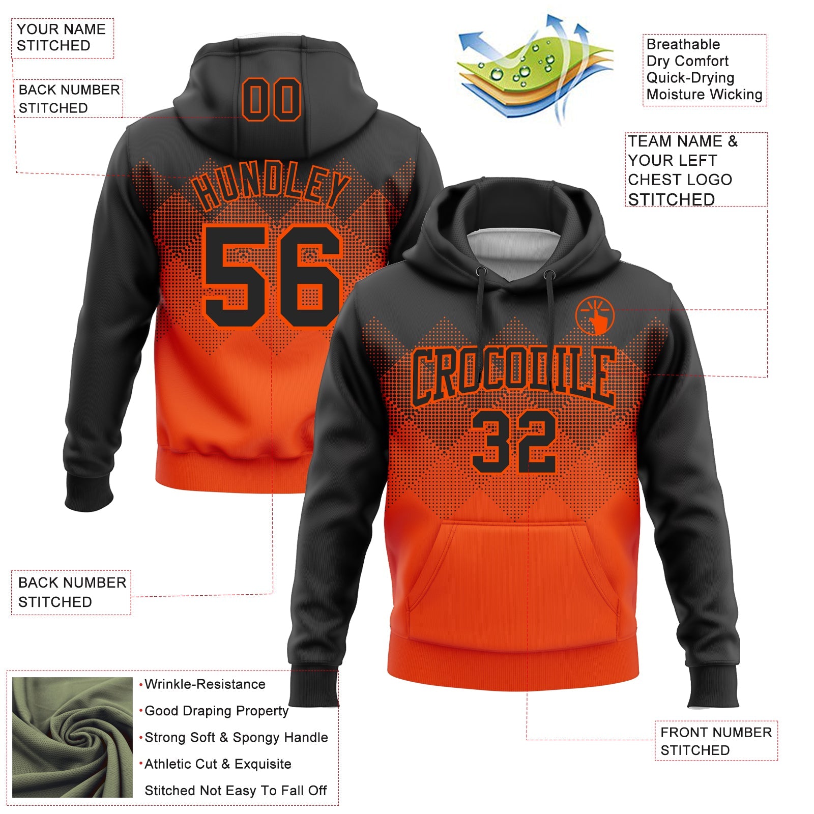 Custom Stitched Black Orange 3D Pattern Design Gradient Square Shape Sports Pullover Sweatshirt Hoodie view 2