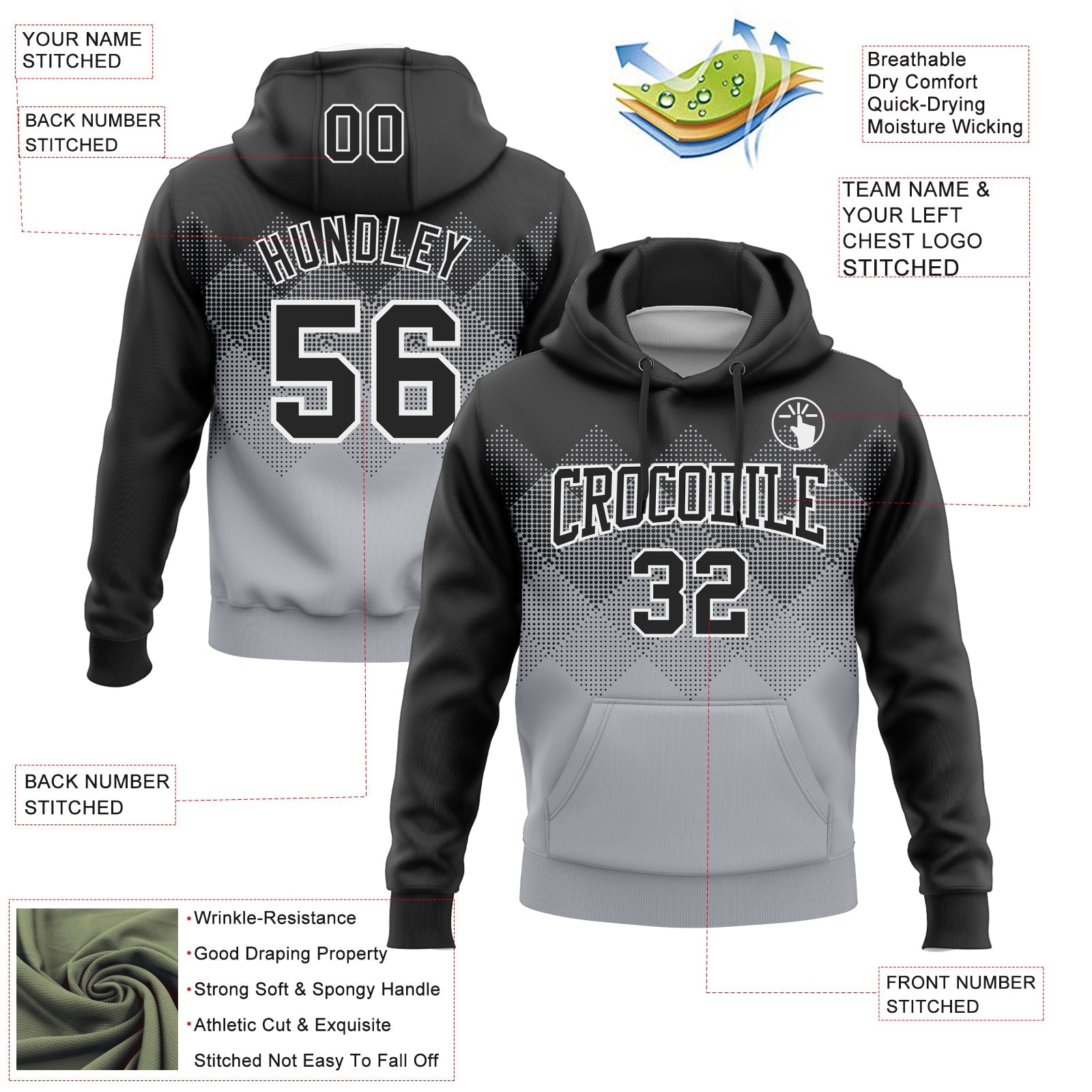 Custom Stitched Black Gray-White 3D Pattern Design Gradient Square Shape Sports Pullover Sweatshirt Hoodie view 2