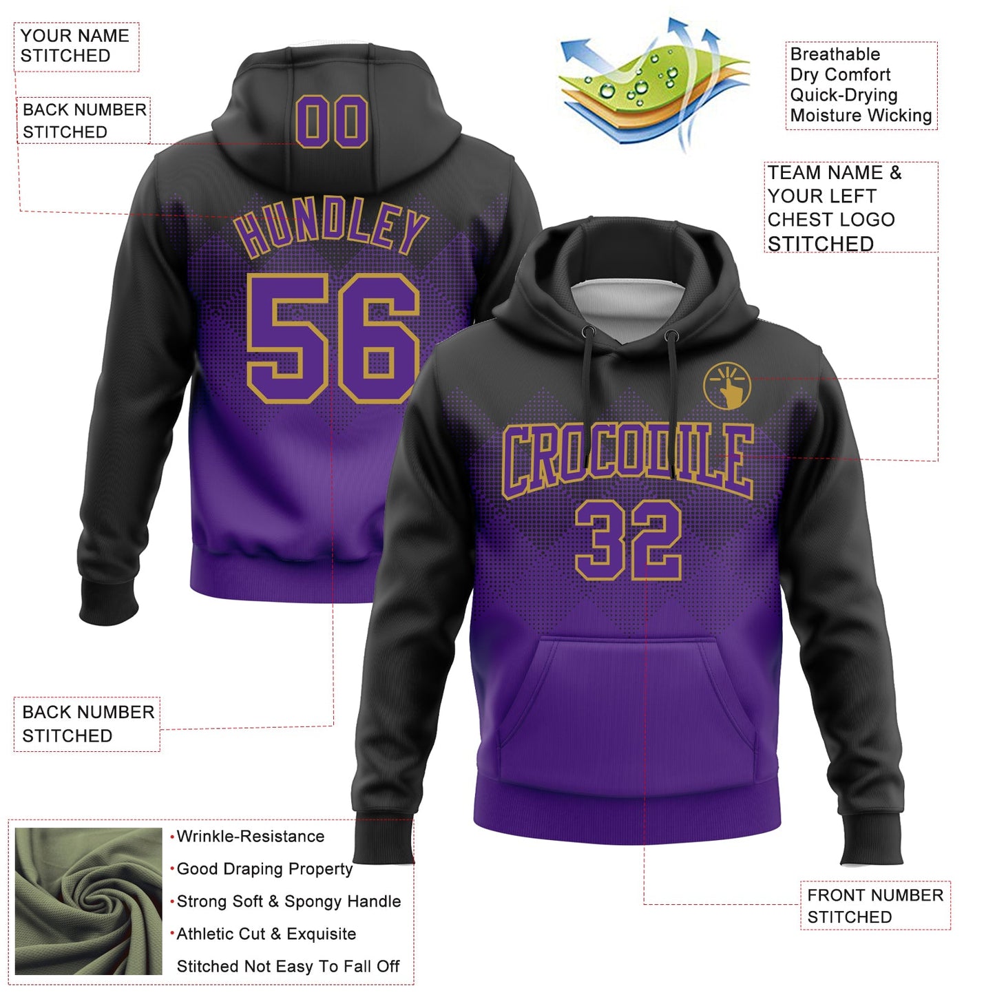 Custom Stitched Black Purple-Old Gold 3D Pattern Design Gradient Square Shape Sports Pullover Sweatshirt Hoodie view 2