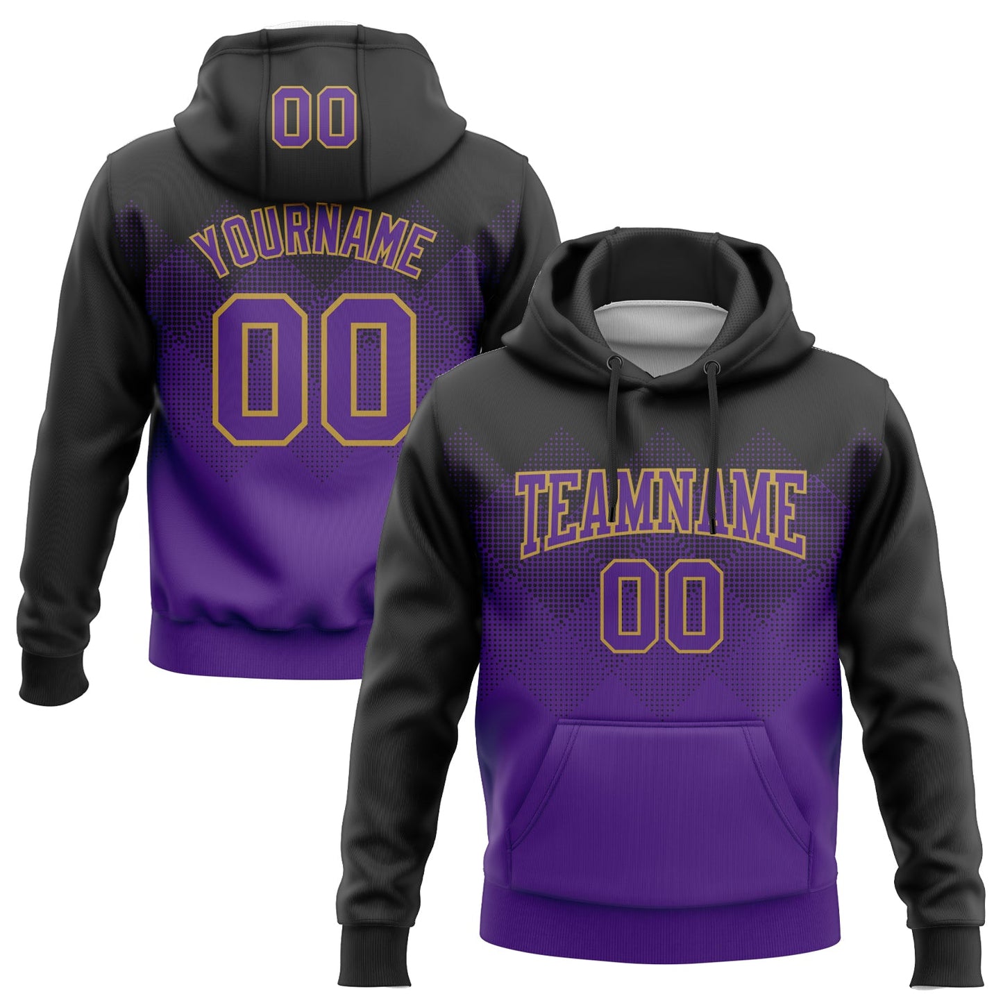 Custom Stitched Black Purple-Old Gold 3D Pattern Design Gradient Square Shape Sports Pullover Sweatshirt Hoodie - Main View