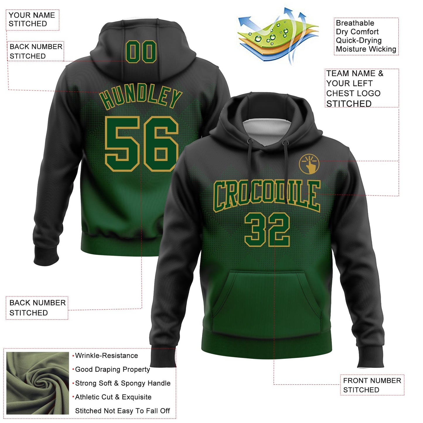 Custom Stitched Black Green-Old Gold 3D Pattern Design Gradient Square Shape Sports Pullover Sweatshirt Hoodie view 2