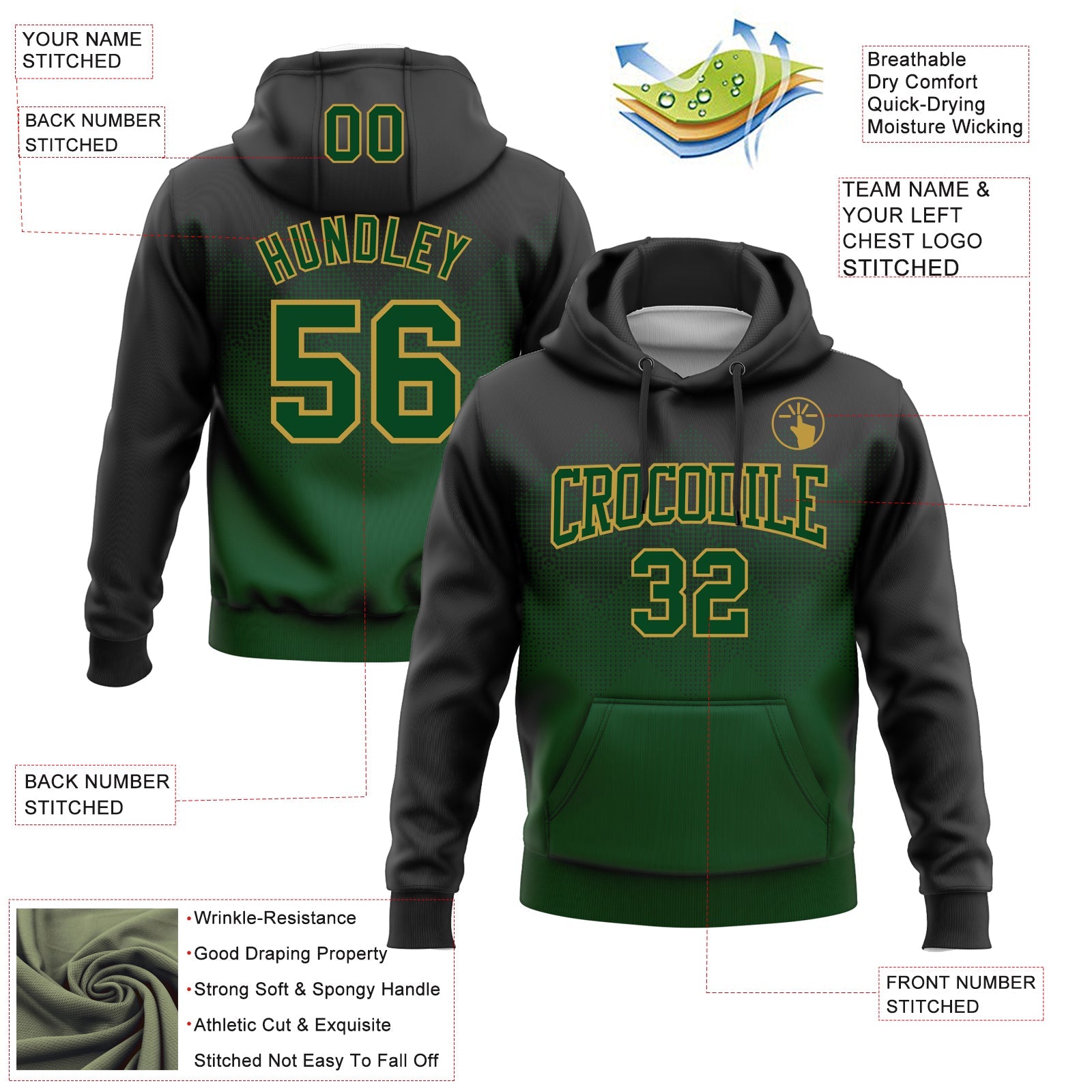 Custom Stitched Black Green-Old Gold 3D Pattern Design Gradient Square Shape Sports Pullover Sweatshirt Hoodie view 2