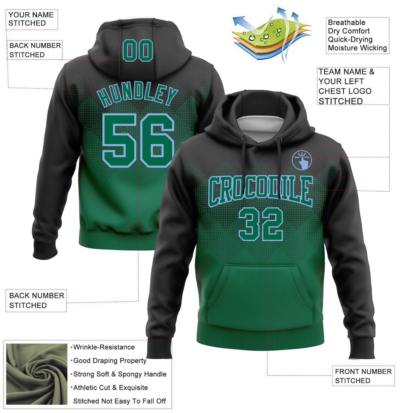 Custom Stitched Black Kelly Green-Light Blue 3D Pattern Design Gradient Square Shape Sports Pullover Sweatshirt Hoodie view 2
