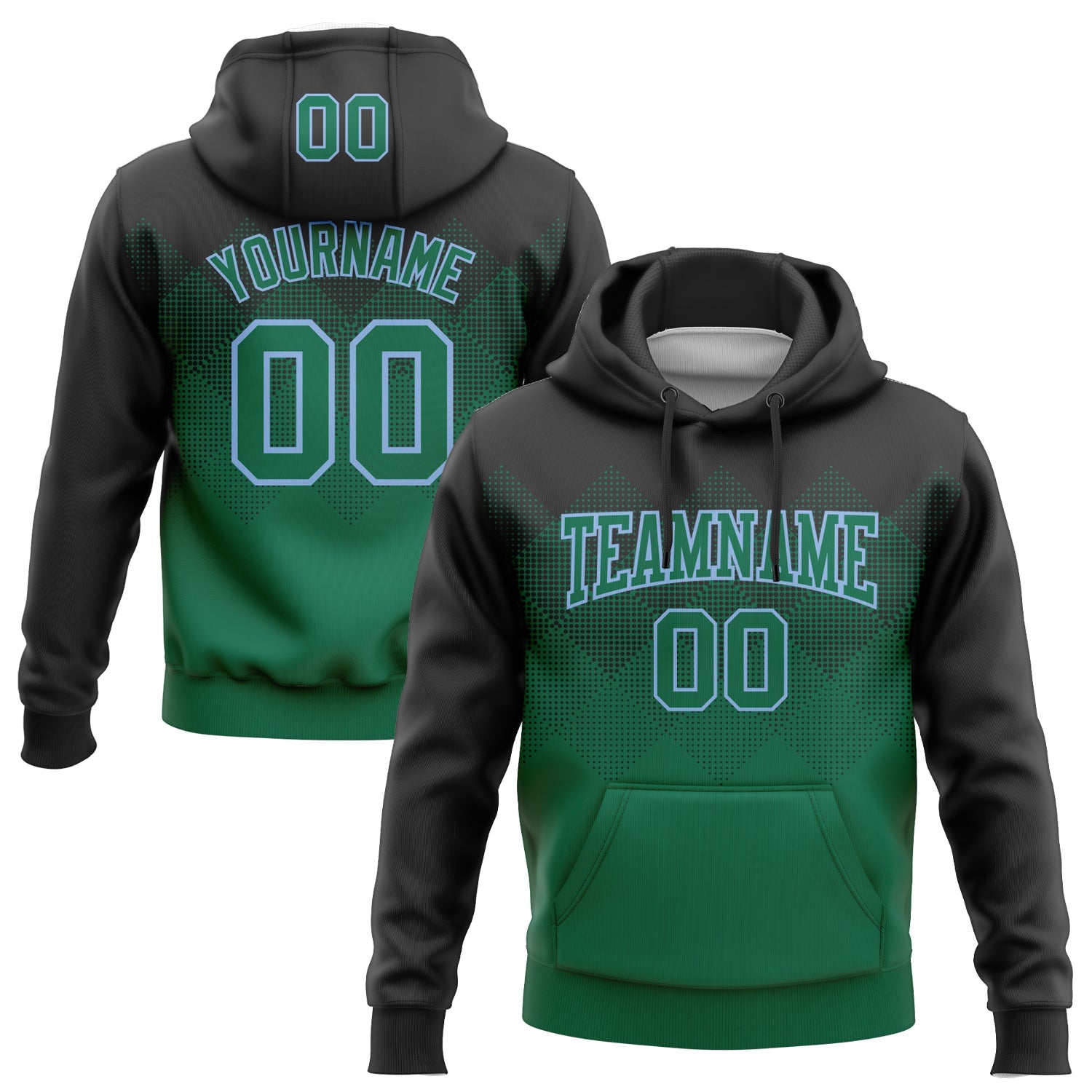 Custom Stitched Black Kelly Green-Light Blue 3D Pattern Design Gradient Square Shape Sports Pullover Sweatshirt Hoodie - Main View