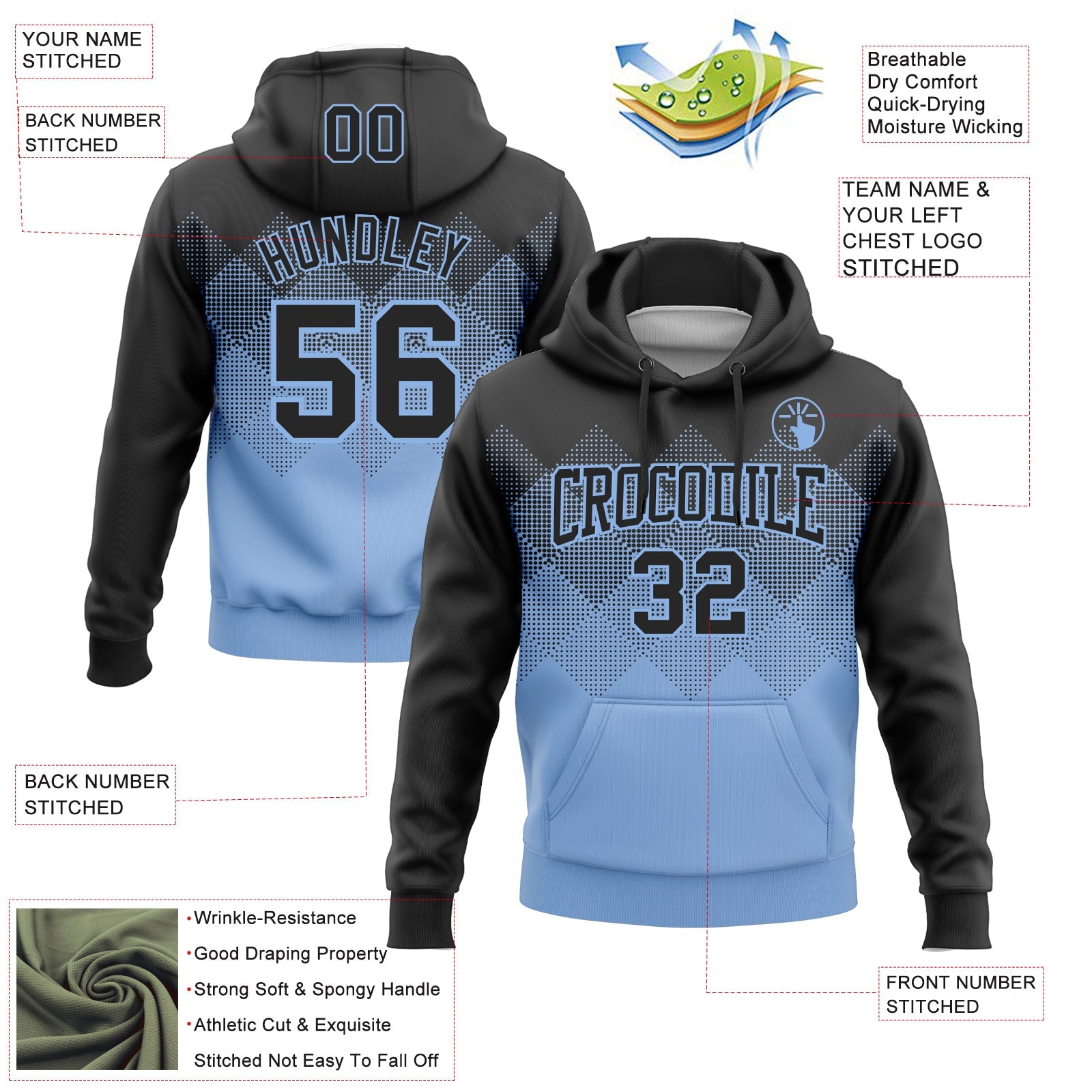 Custom Stitched Black Light Blue 3D Pattern Design Gradient Square Shape Sports Pullover Sweatshirt Hoodie view 2