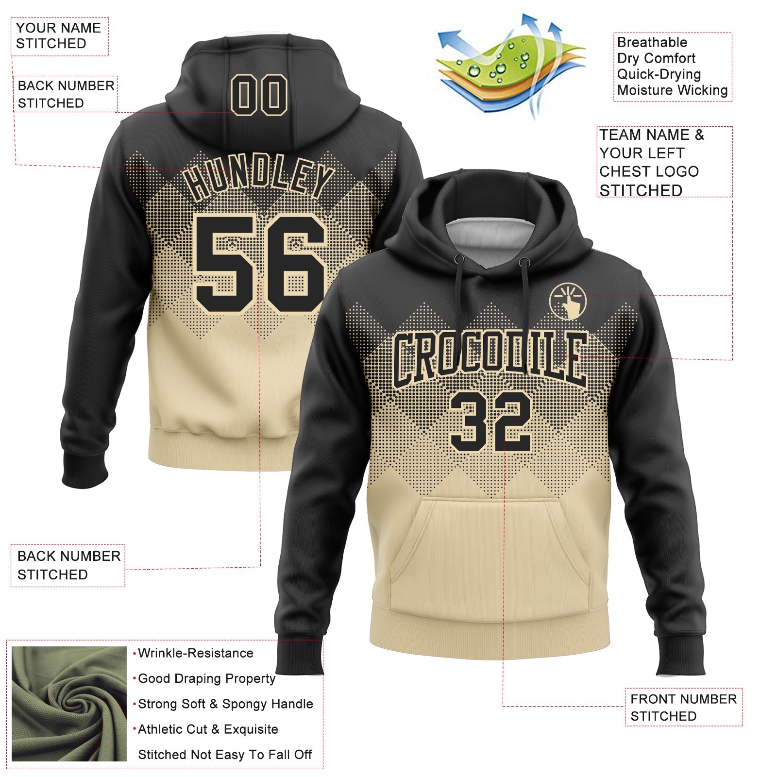 Custom Stitched Black Cream 3D Pattern Design Gradient Square Shape Sports Pullover Sweatshirt Hoodie view 2