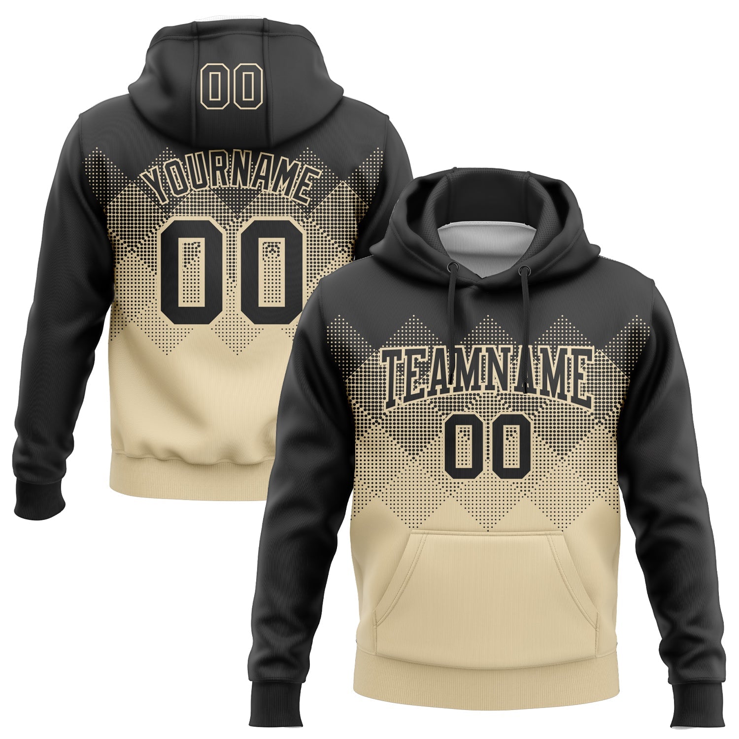 Custom Stitched Black Cream 3D Pattern Design Gradient Square Shape Sports Pullover Sweatshirt Hoodie - Main View