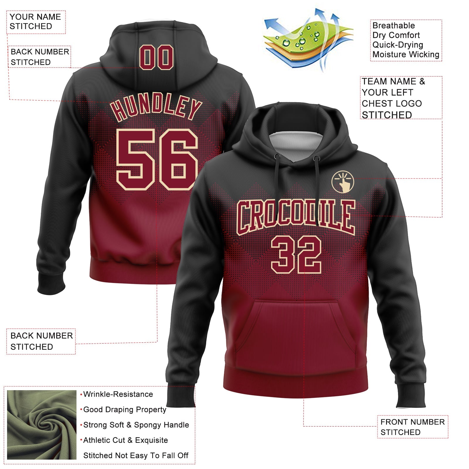 Custom Stitched Black Crimson-Cream 3D Pattern Design Gradient Square Shape Sports Pullover Sweatshirt Hoodie view 2