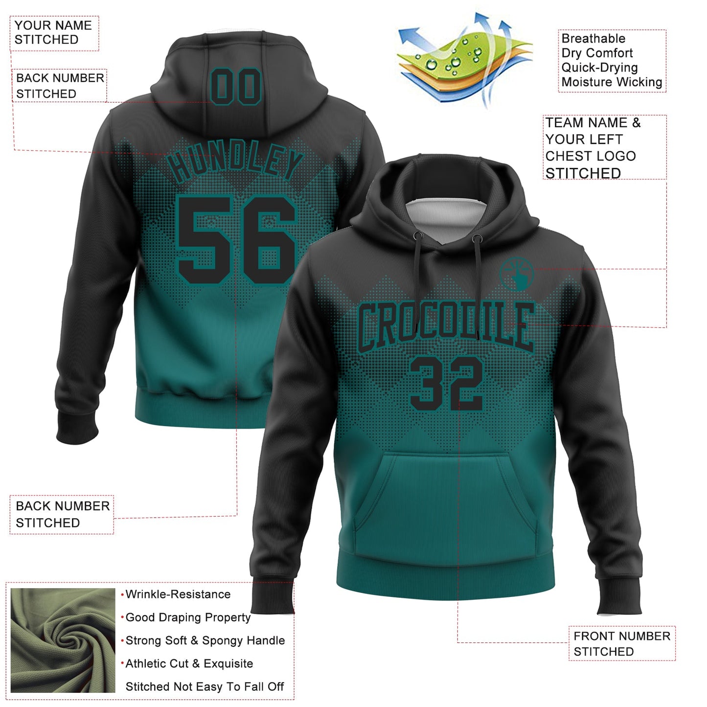 Custom Stitched Black Teal 3D Pattern Design Gradient Square Shape Sports Pullover Sweatshirt Hoodie view 2