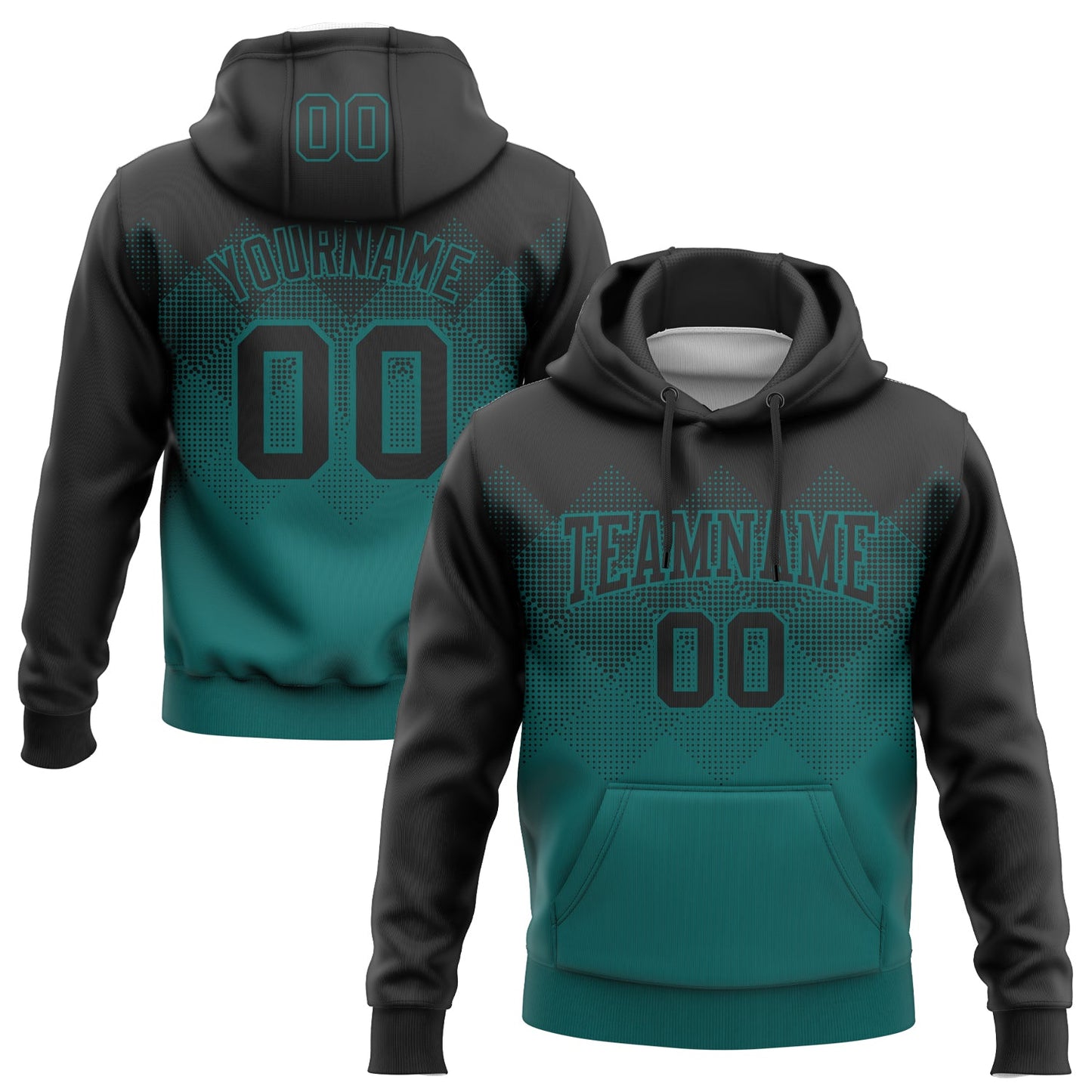Custom Stitched Black Teal 3D Pattern Design Gradient Square Shape Sports Pullover Sweatshirt Hoodie - Main View