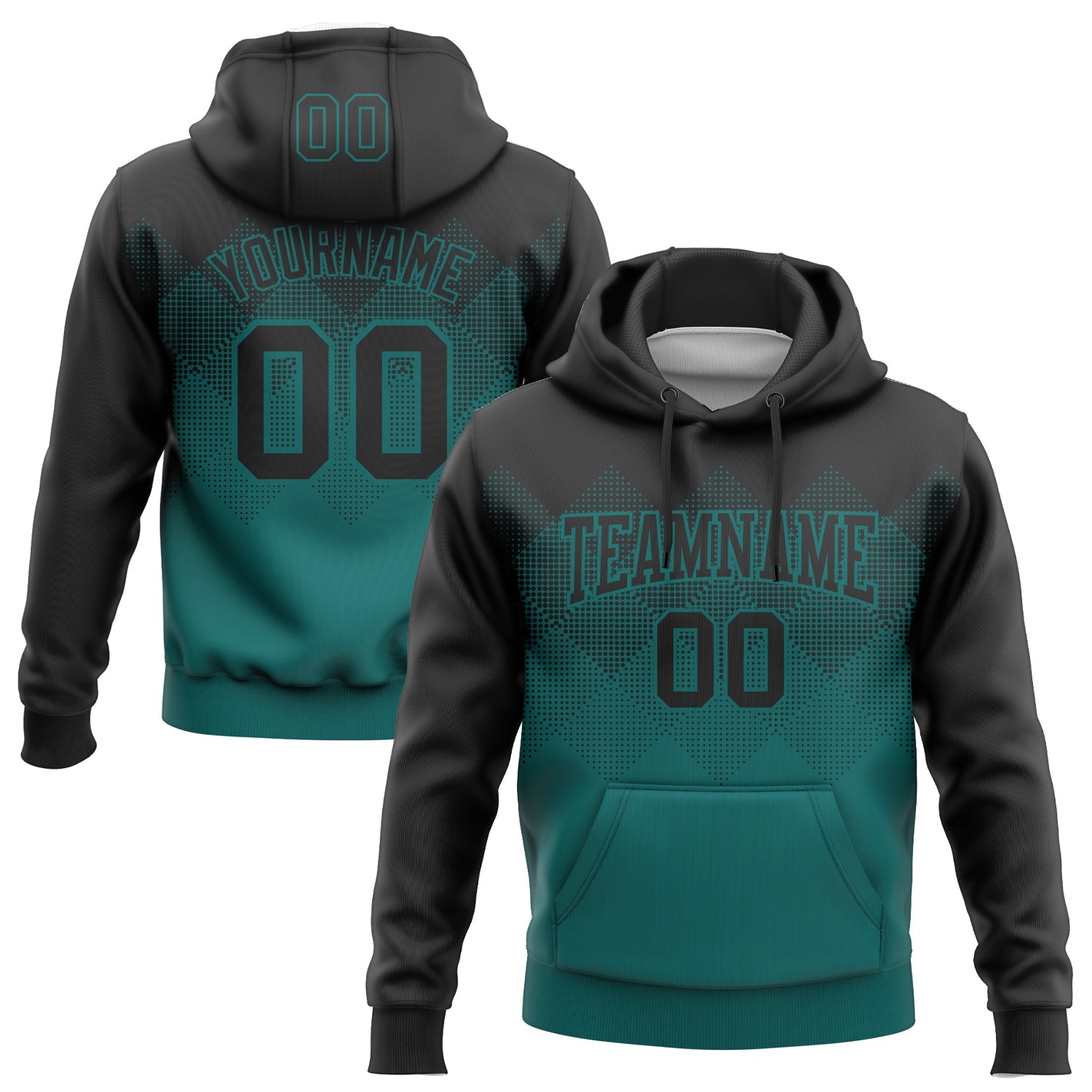 Custom Stitched Black Teal 3D Pattern Design Gradient Square Shape Sports Pullover Sweatshirt Hoodie - Main View
