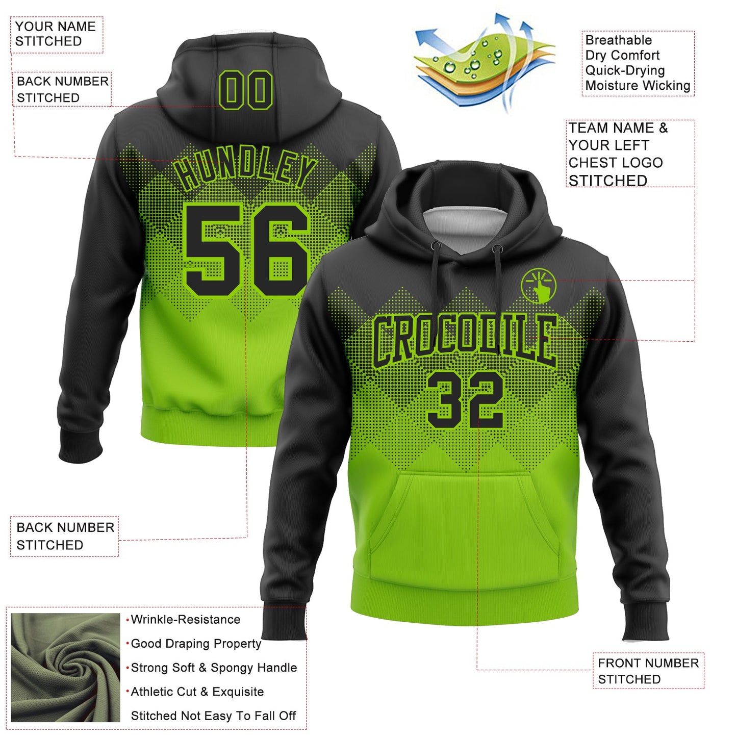Custom Stitched Black Neon Green 3D Pattern Design Gradient Square Shape Sports Pullover Sweatshirt Hoodie view 2